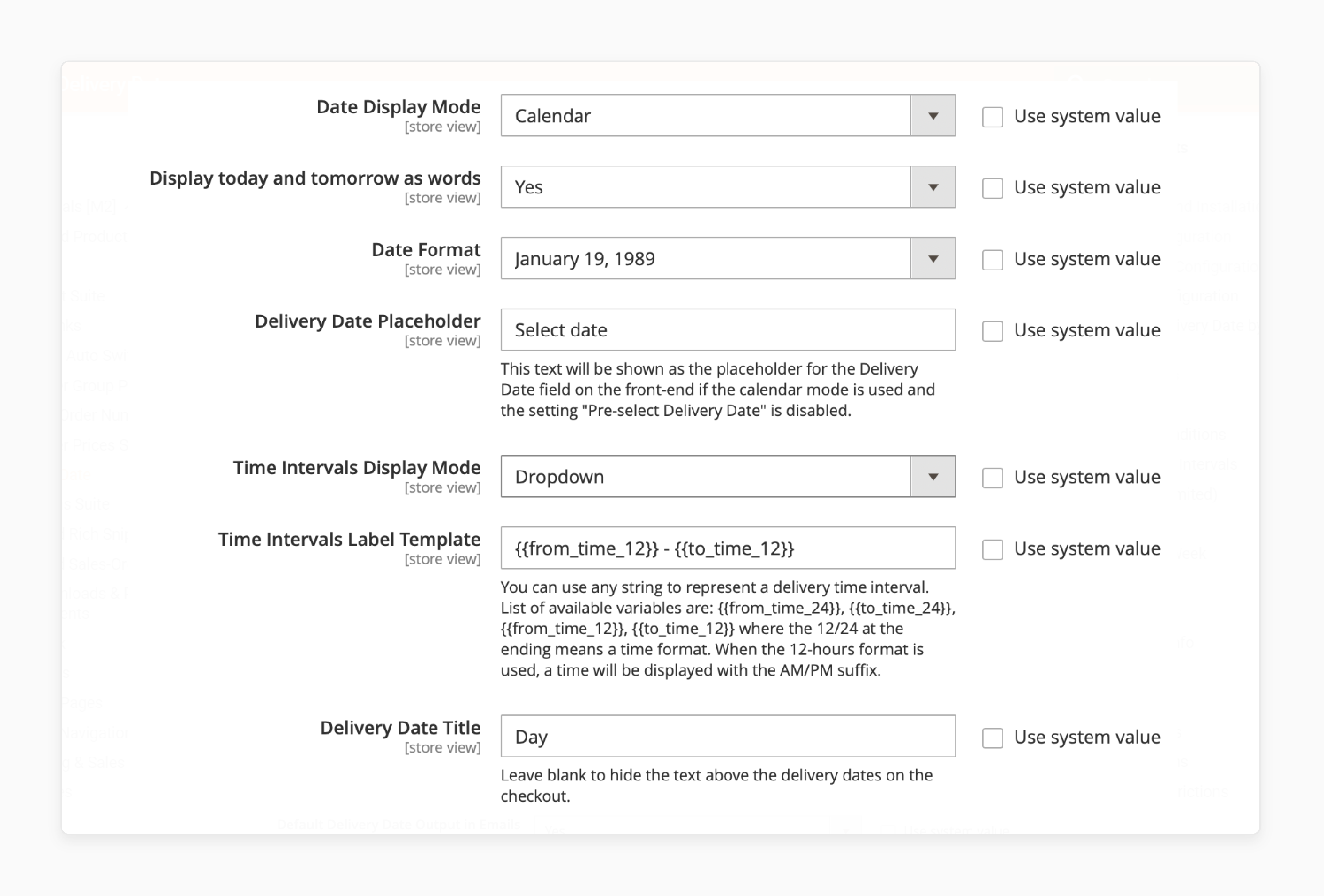 Frontend configuration options for delivery date in Magento 2, including display modes and date formats