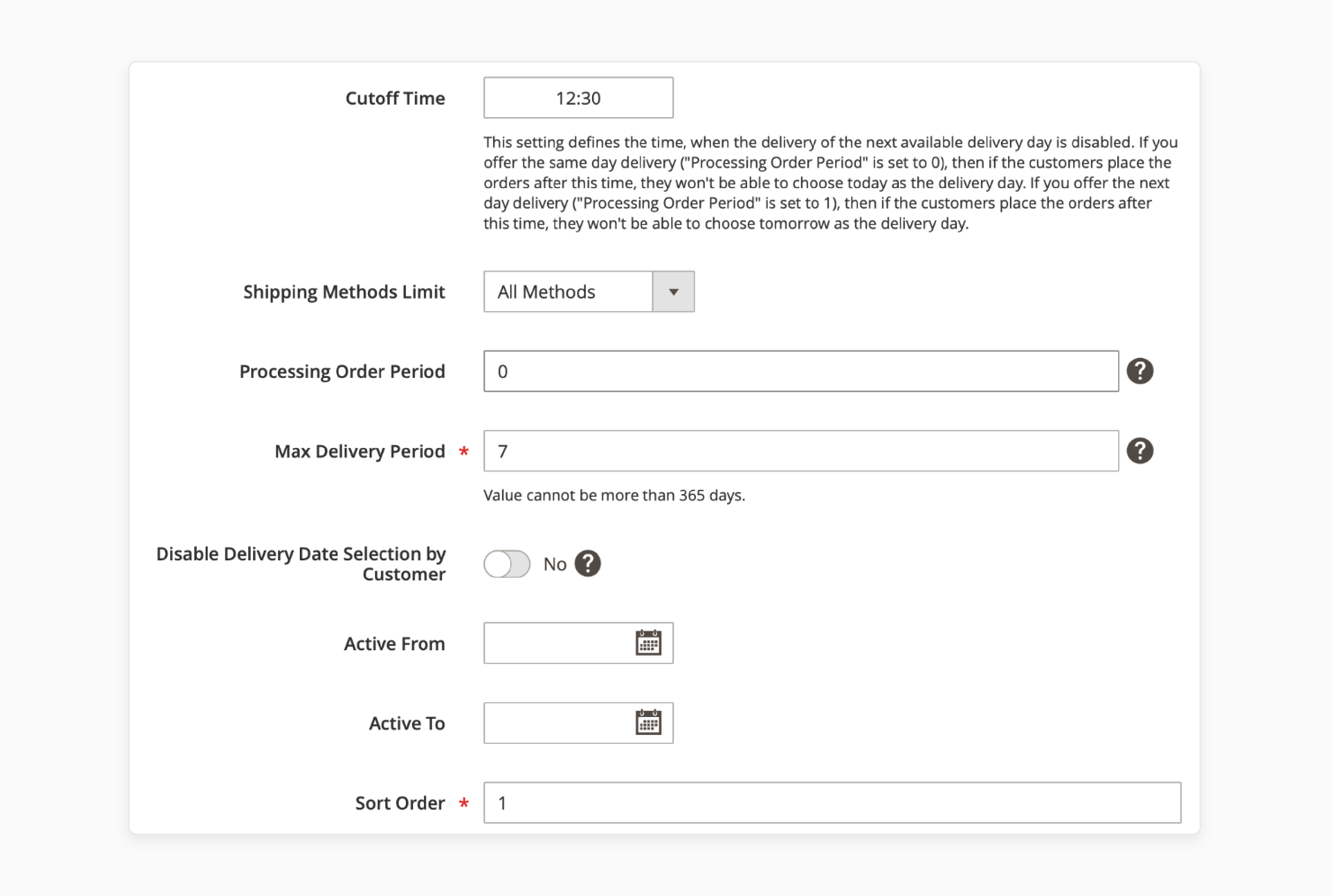 Magento 2 extension configuration settings screen with cutoff time, shipping methods limit, and processing order period