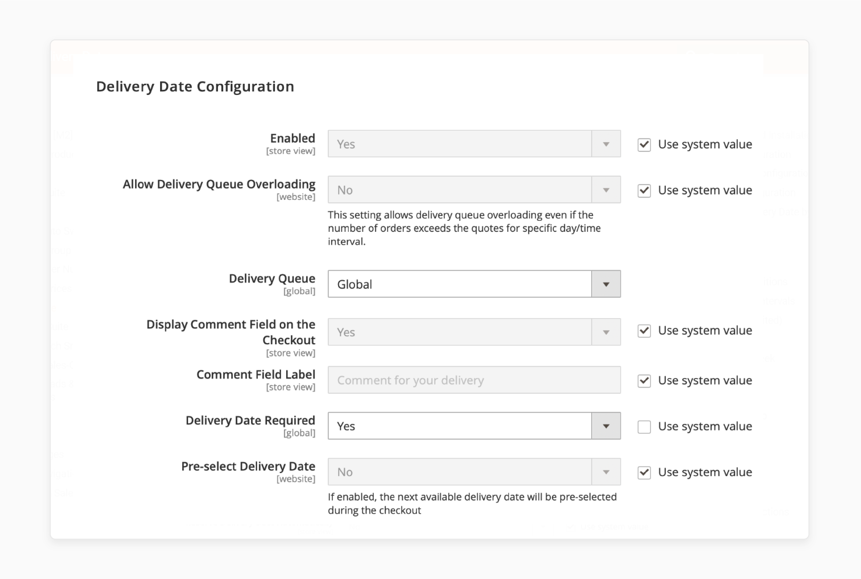 Settings to enable delivery option in Magento 2, including store views, customer groups, and working days