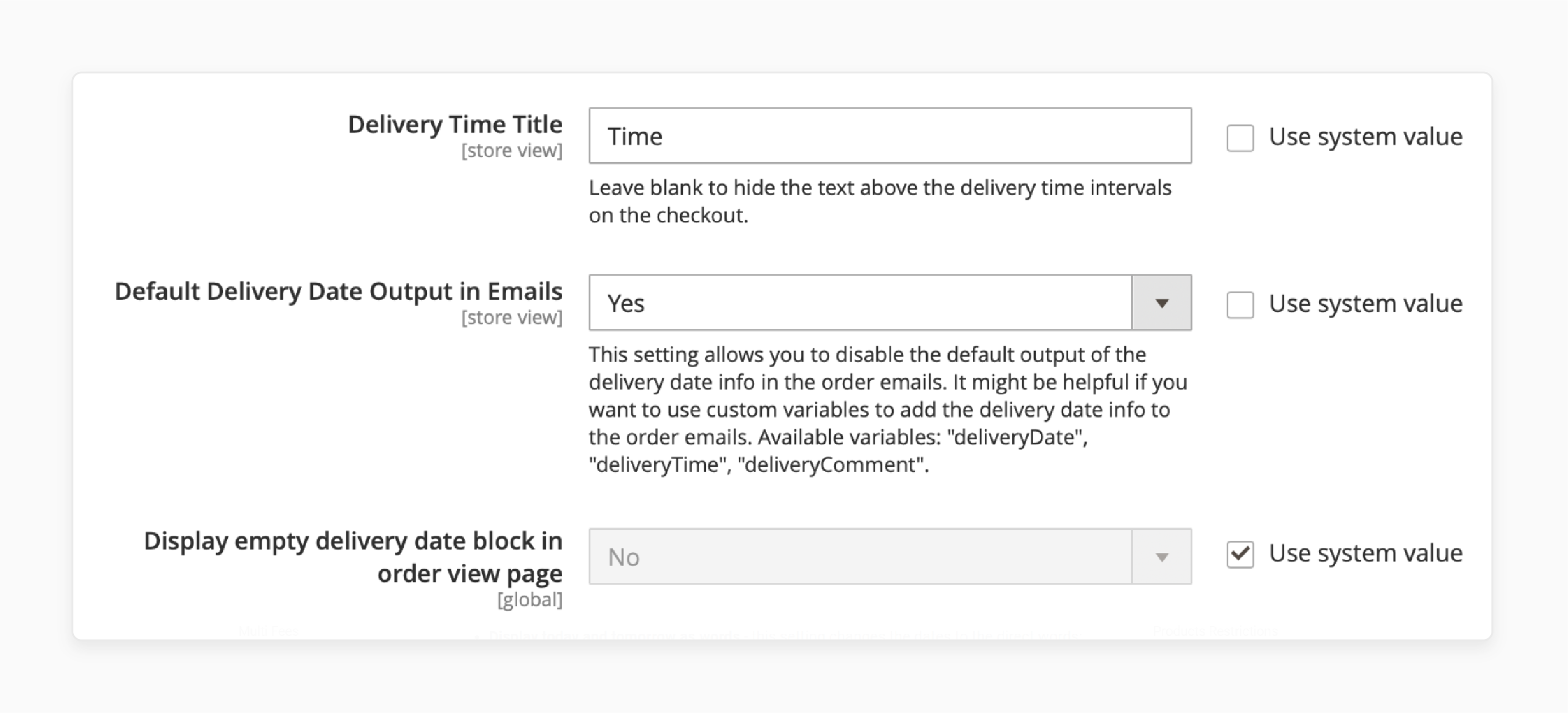 Delivery time configuration settings in Magento 2, including delivery time title and intervals display mode