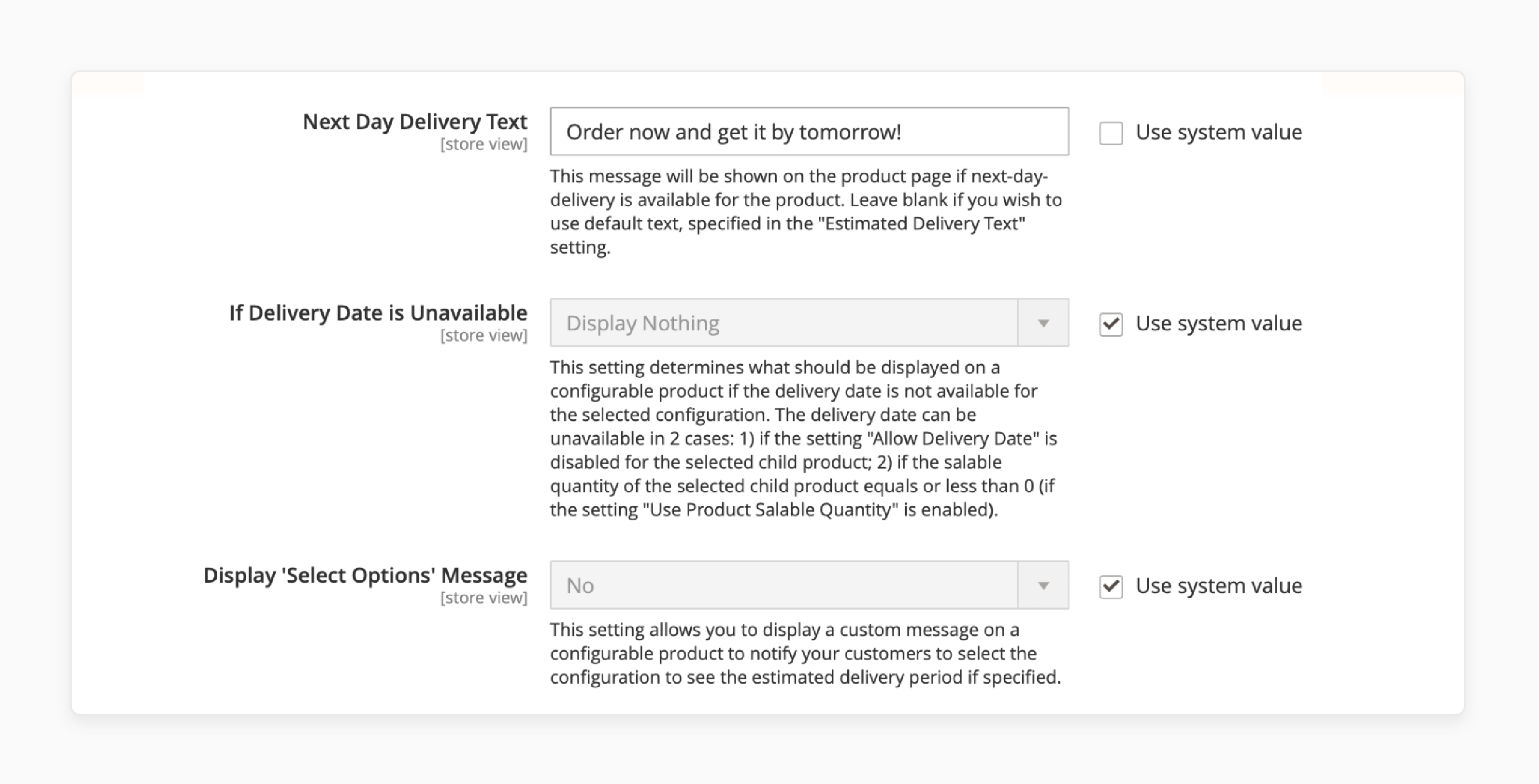 Magento 2 settings for estimating delivery date by product, including delivery date text and restrictions