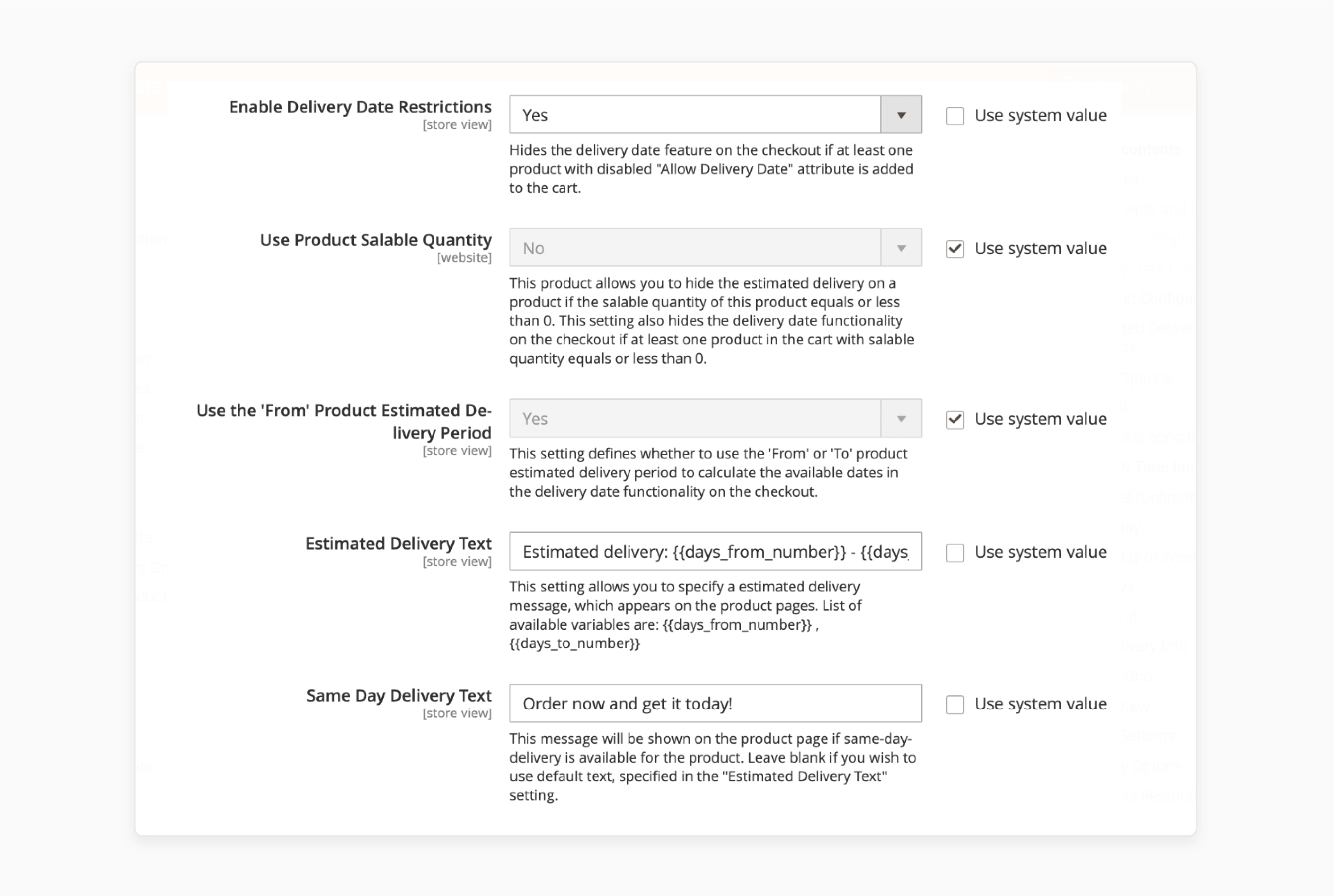 Settings to enable delivery date restrictions in Magento 2, including salable quantity and estimated delivery period