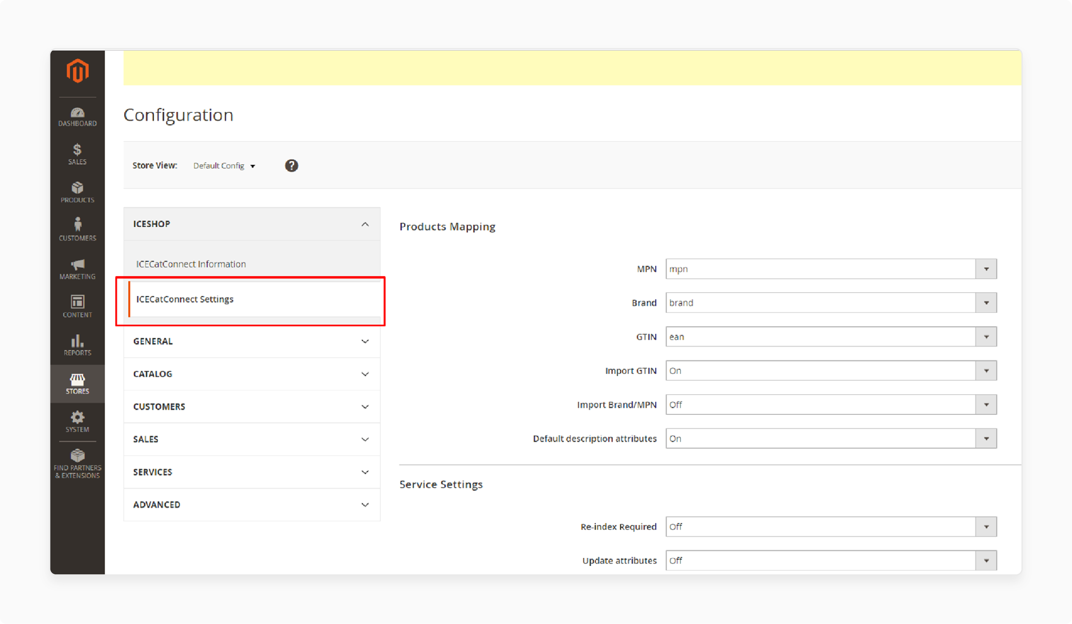 Configuration settings for Icecat module in Magento including product mapping and service settings