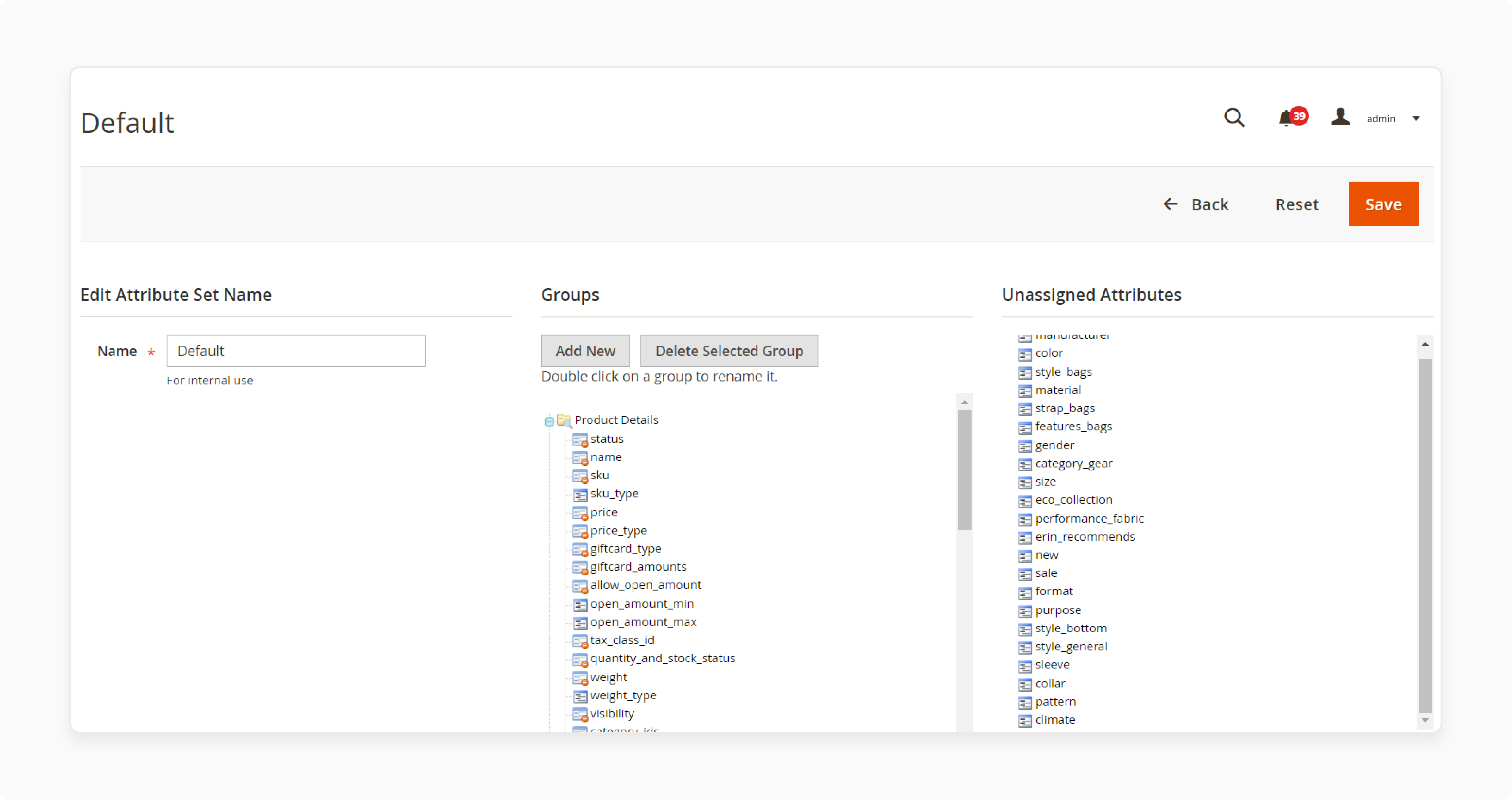 Navigating to the attribute set named “Default” to add attributes for Icecat integration.