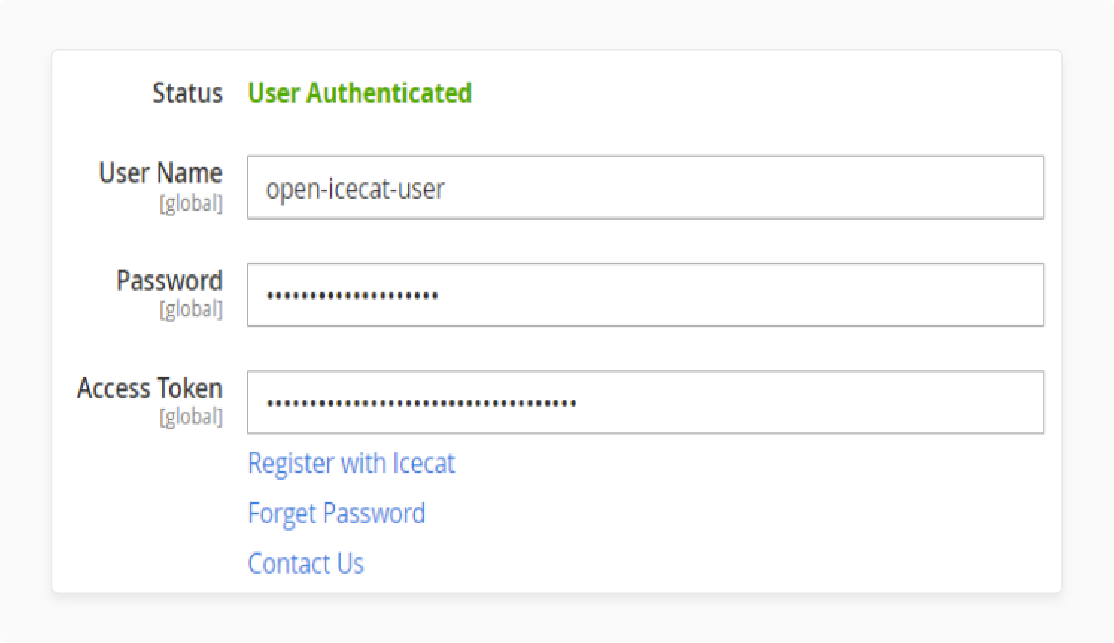 User authentication settings for Icecat integration in Magento including username, password, and access token