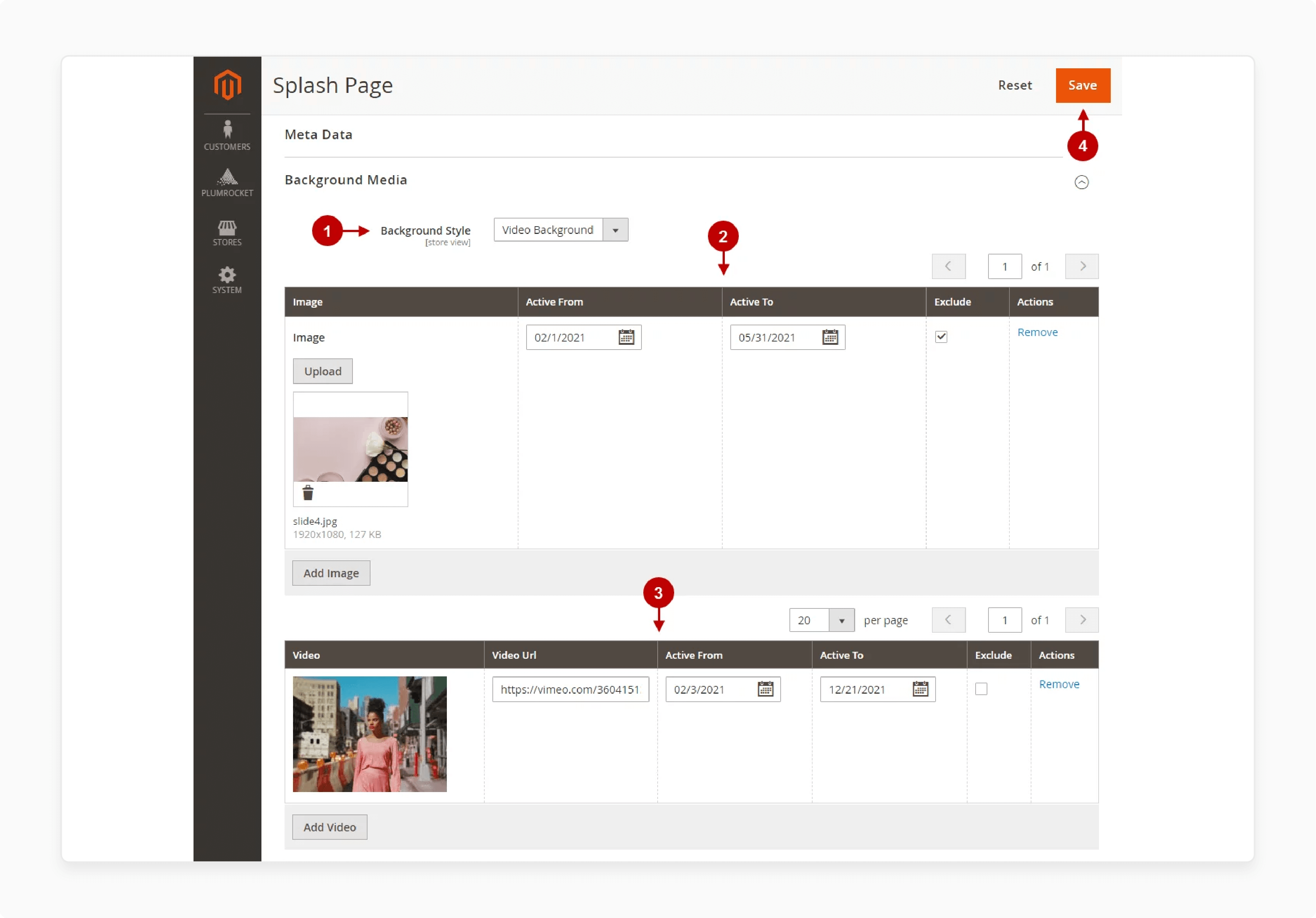 Upload background media in the Magento splash page extension