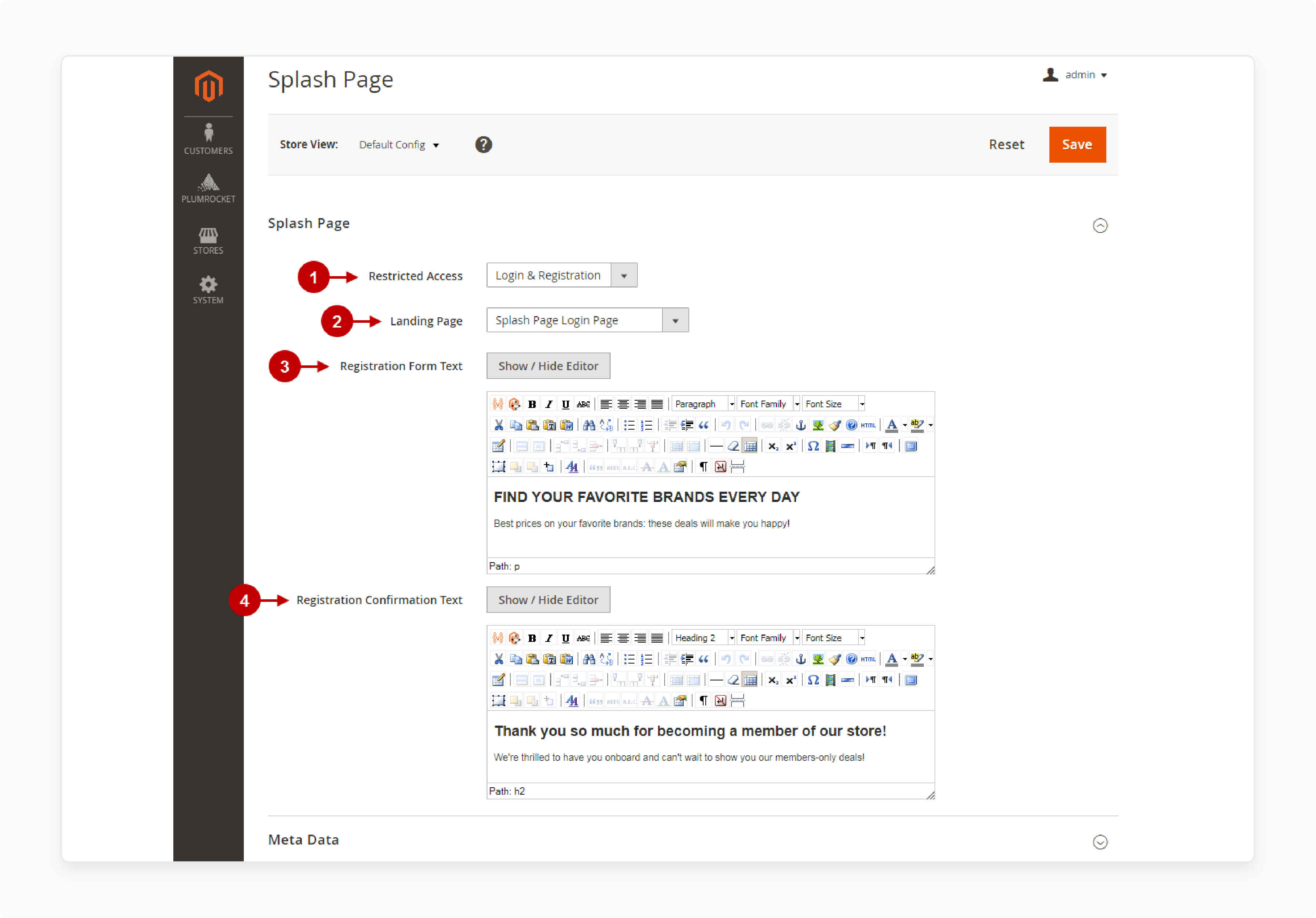 Modify page settings in the Magento splash page extension