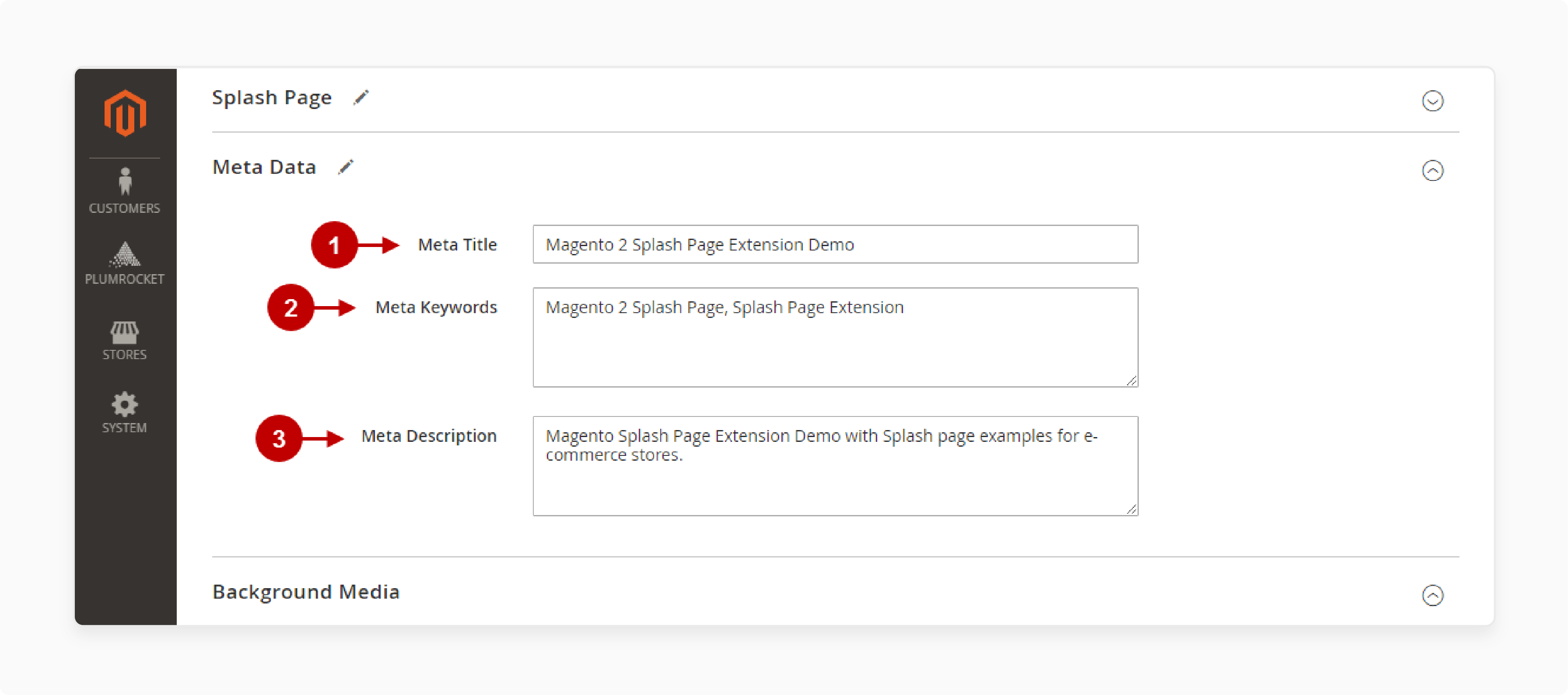 Enter the meta data in the Magento splash page extension