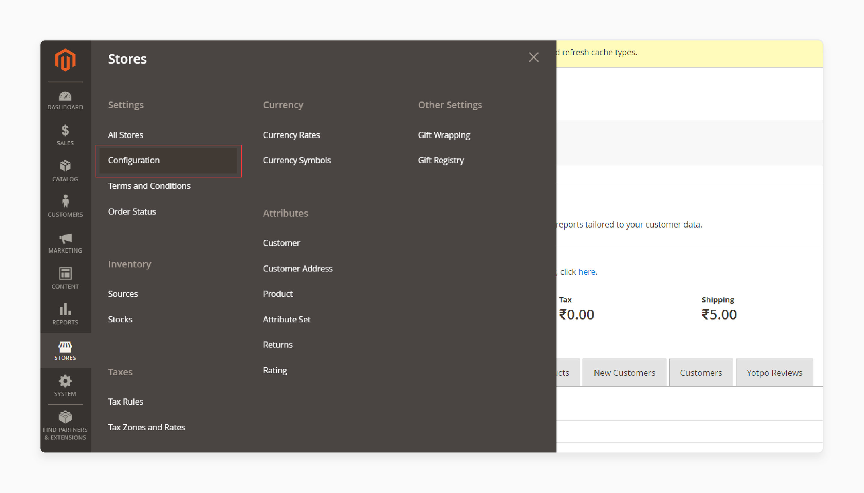 Navigating to the configuration settings in Magento for Dynamics NAV integration