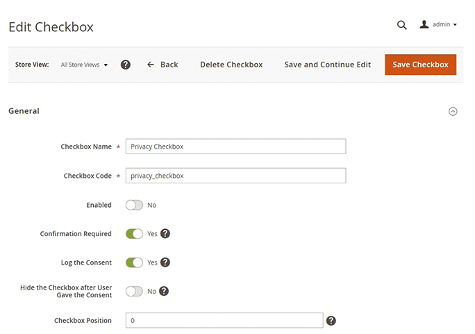 Edit checkbox settings in Magento US privacy laws extension