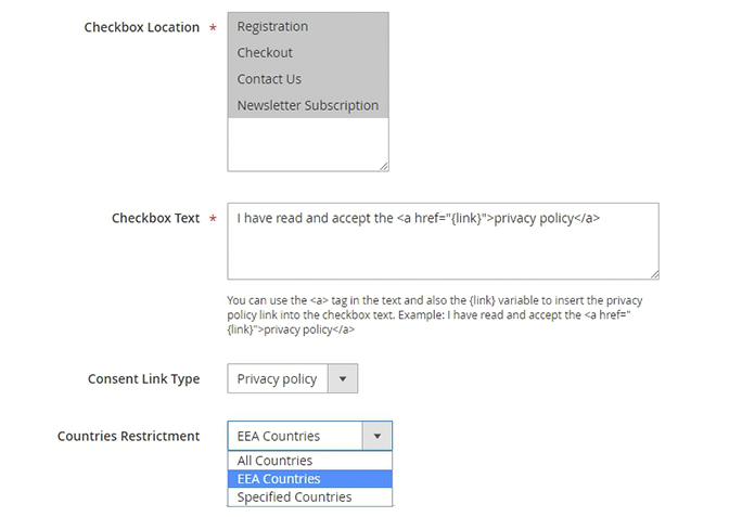 Configure checkbox fundamental settings in Magento US privacy laws extension