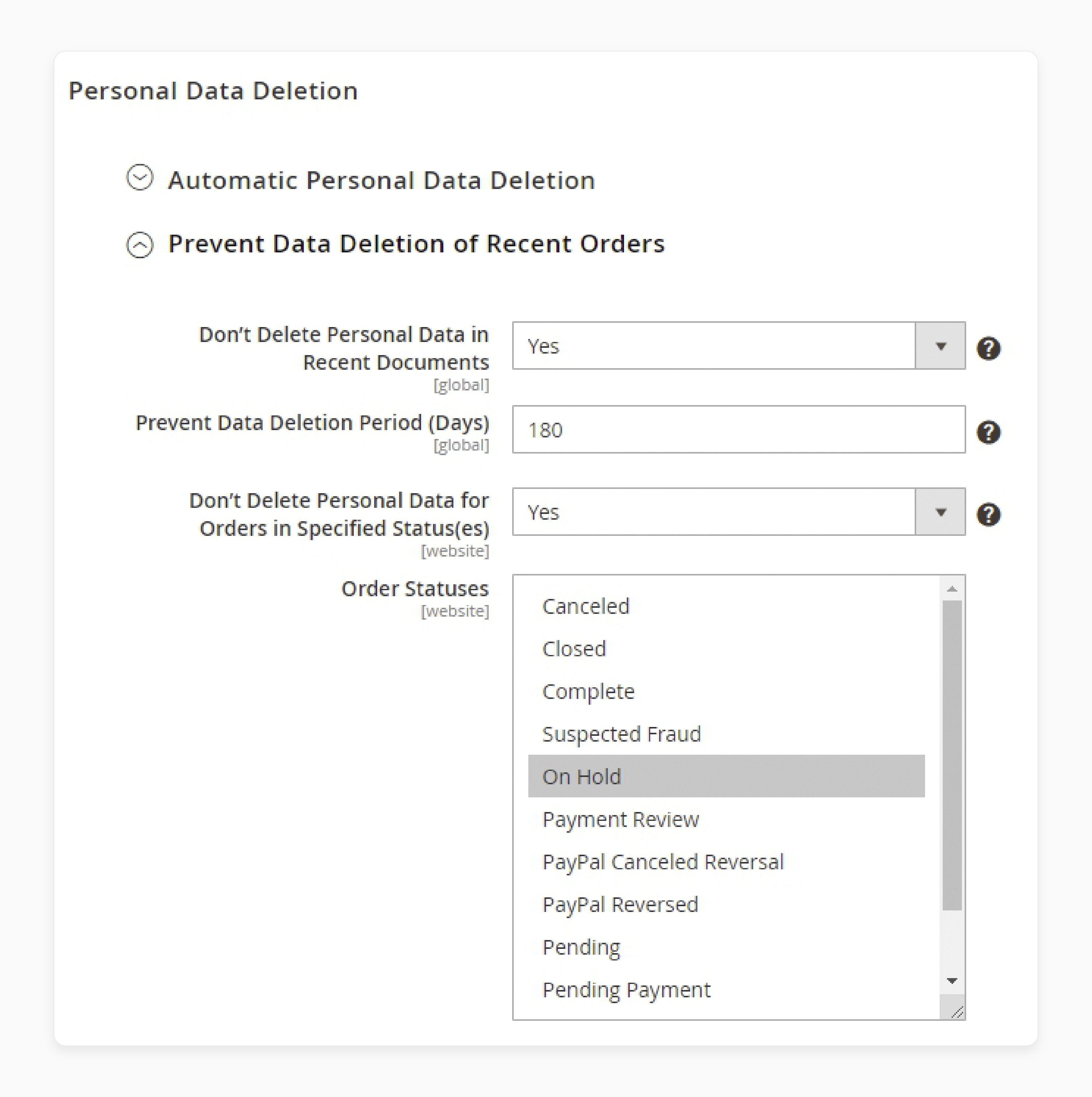 Configure prevention of data deletion of recent orders settings in Magento US privacy laws extension