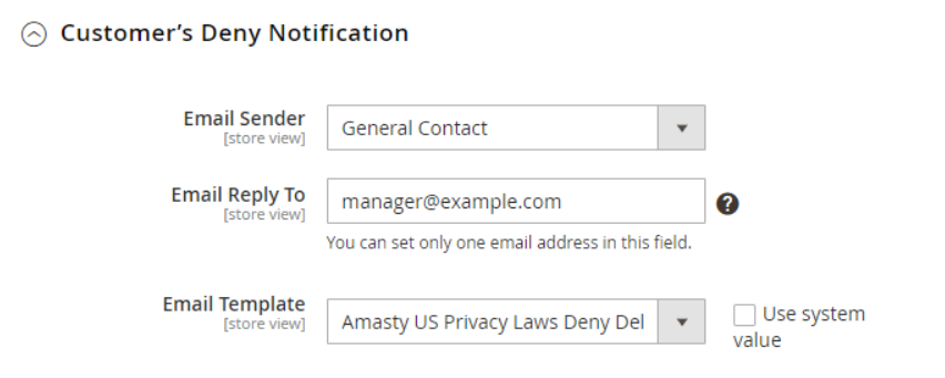 Configure customer deny notification in Magento US privacy laws extension