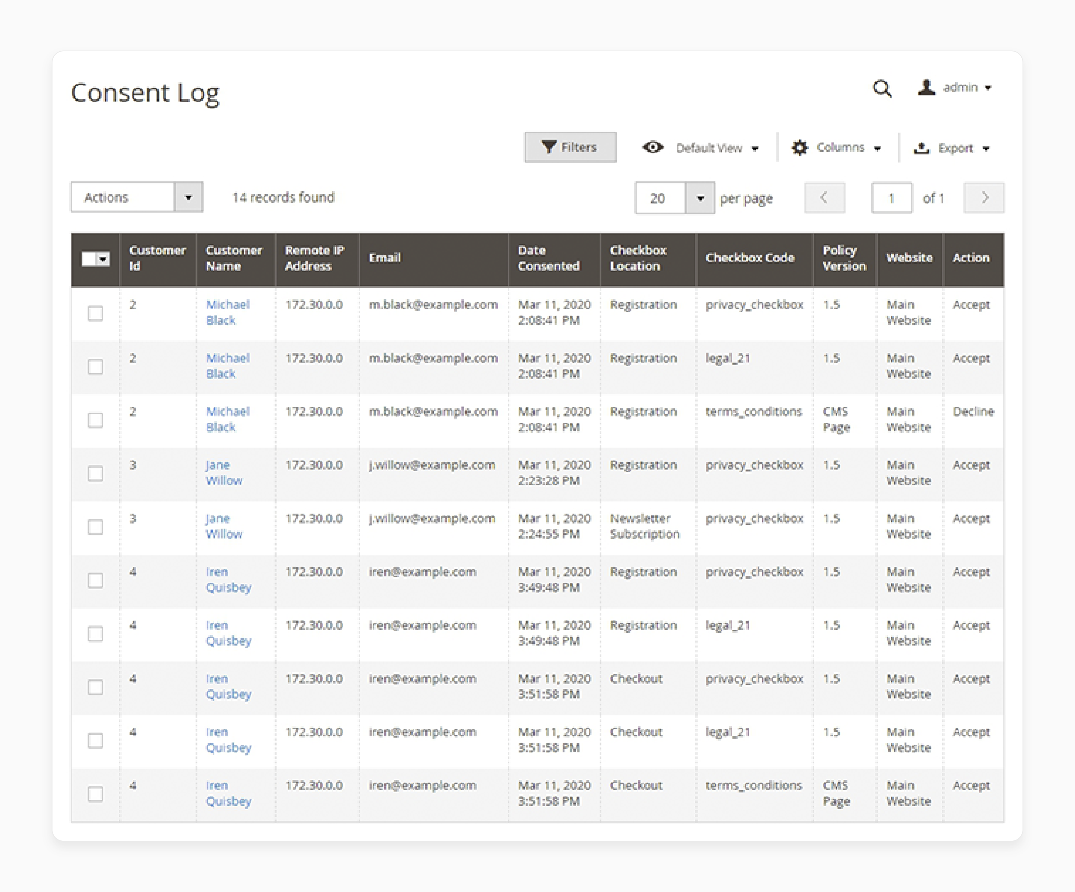 View consent log in Magento US privacy laws extension