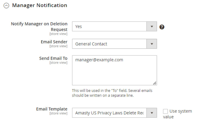 Configure manager notifications in Magento US privacy laws extension