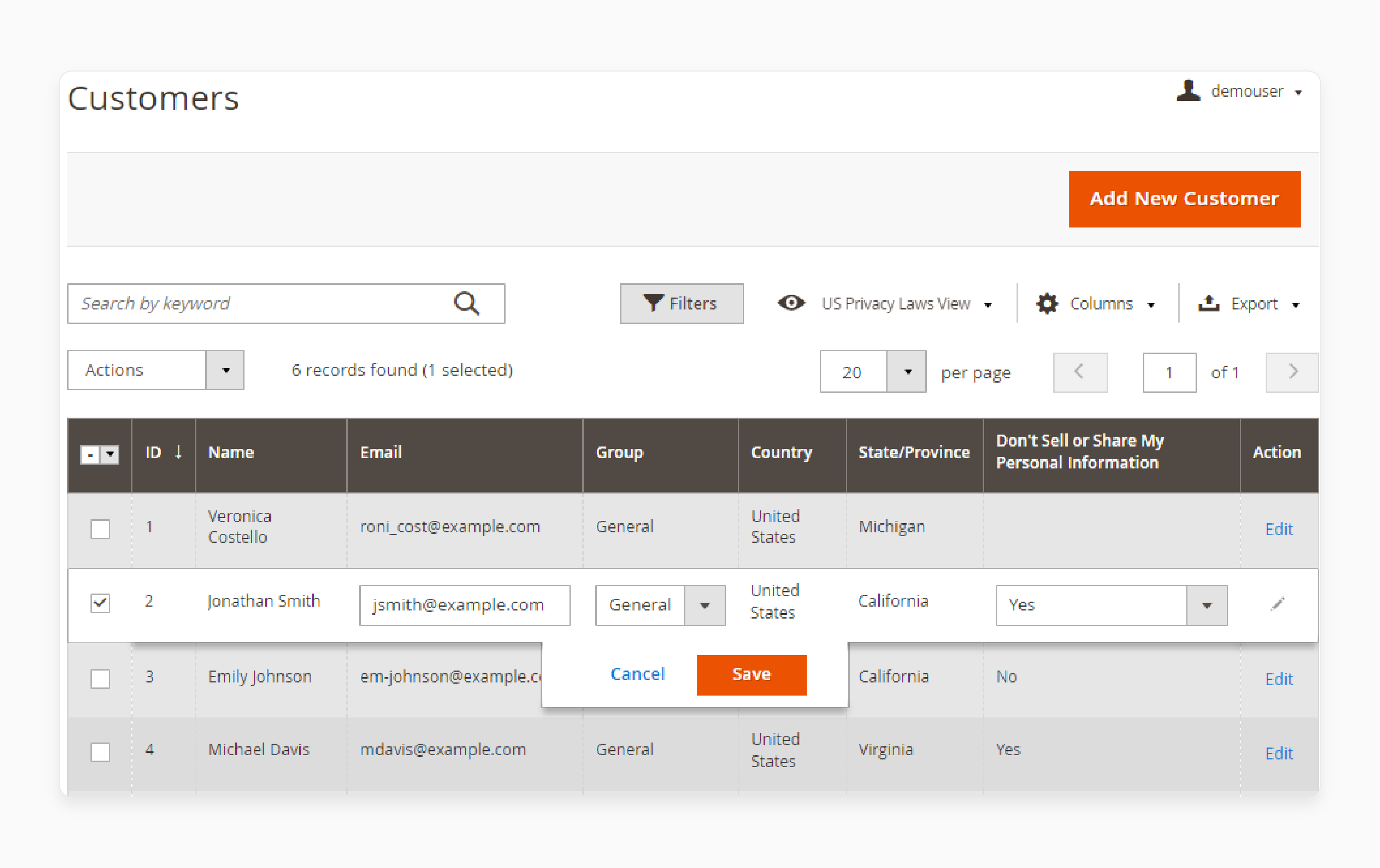 Customers grid showing customer consent records in Magento 2