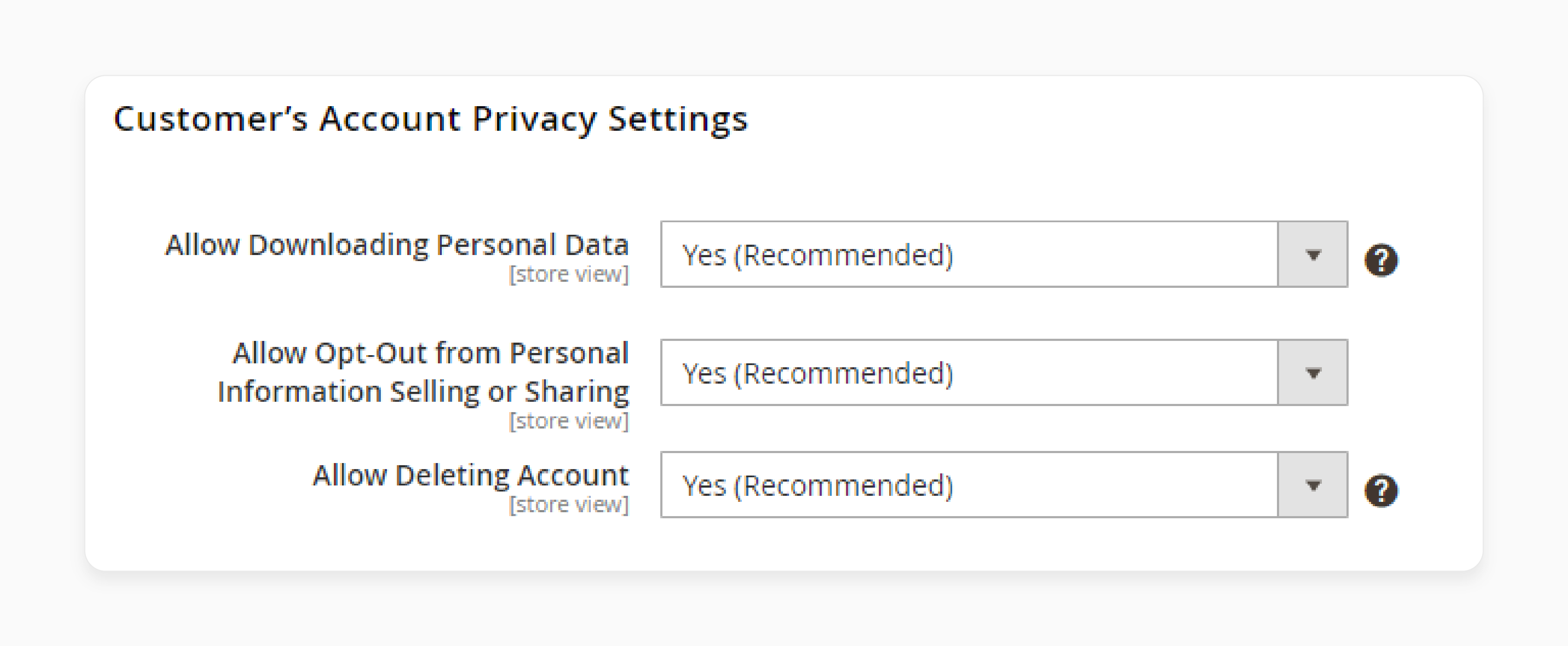 Customer account privacy settings in Magento US privacy laws extension