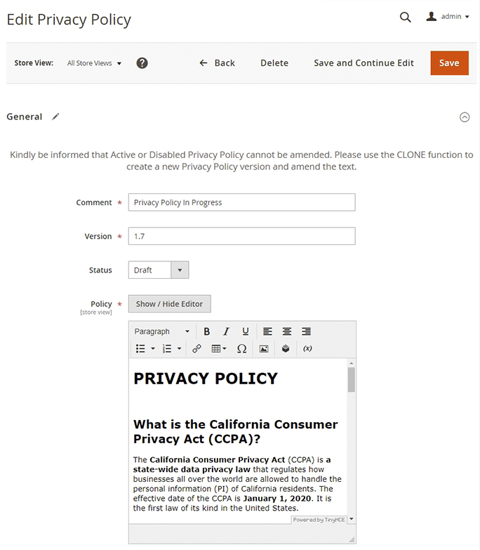 Edit privacy policy editor settings in Magento US privacy laws extension