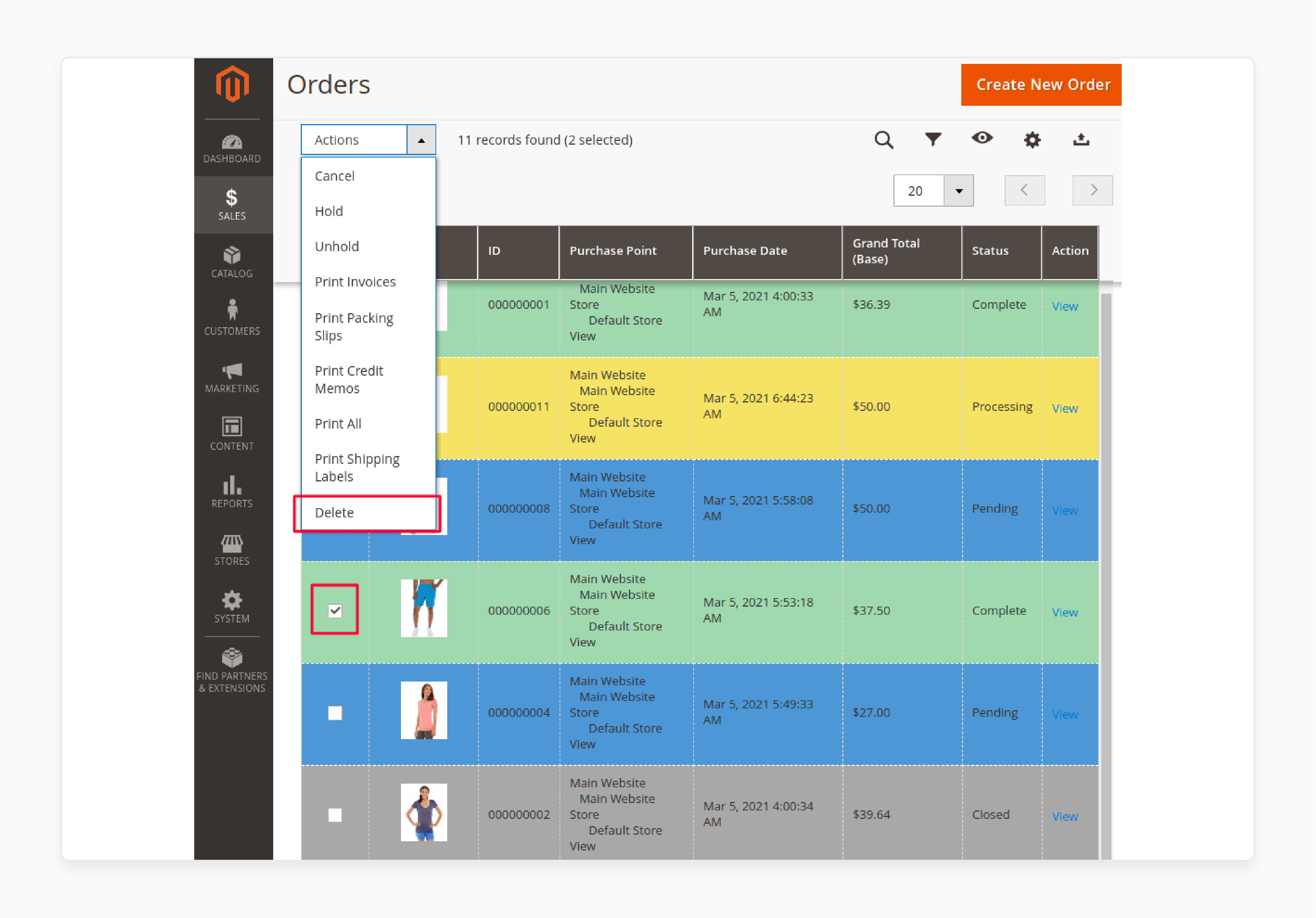 Delete orders in magento 2 order grid extension