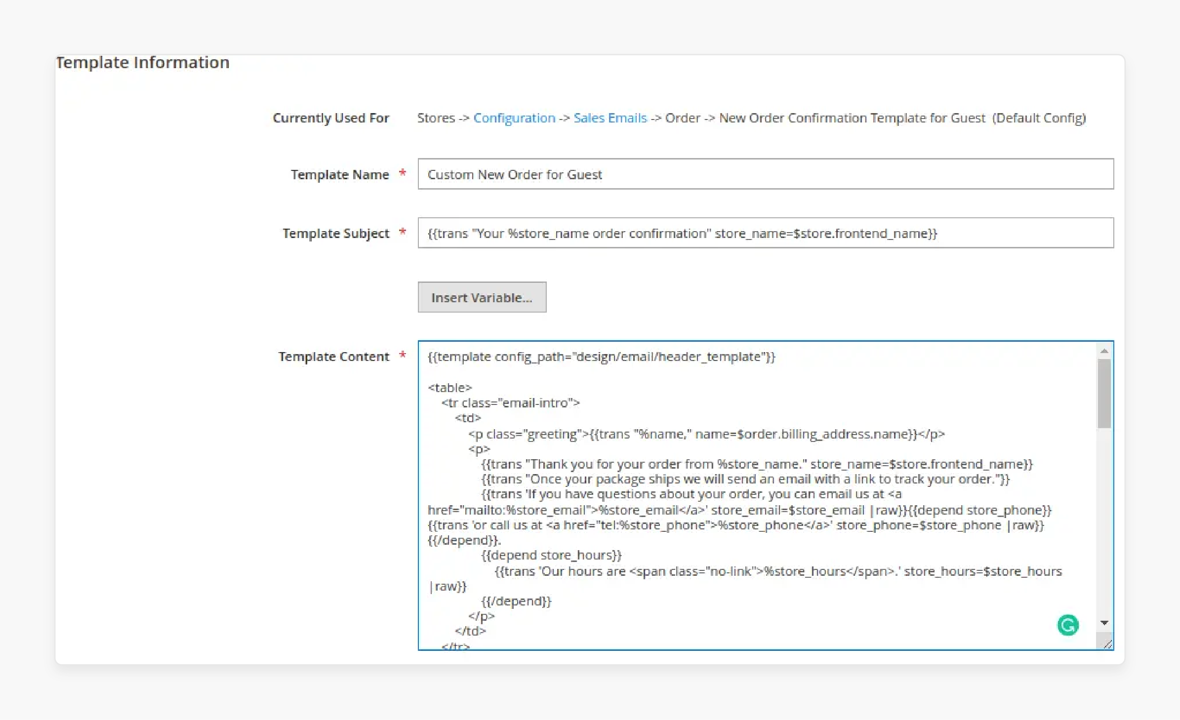 Configuration process of email template content in Magento 2