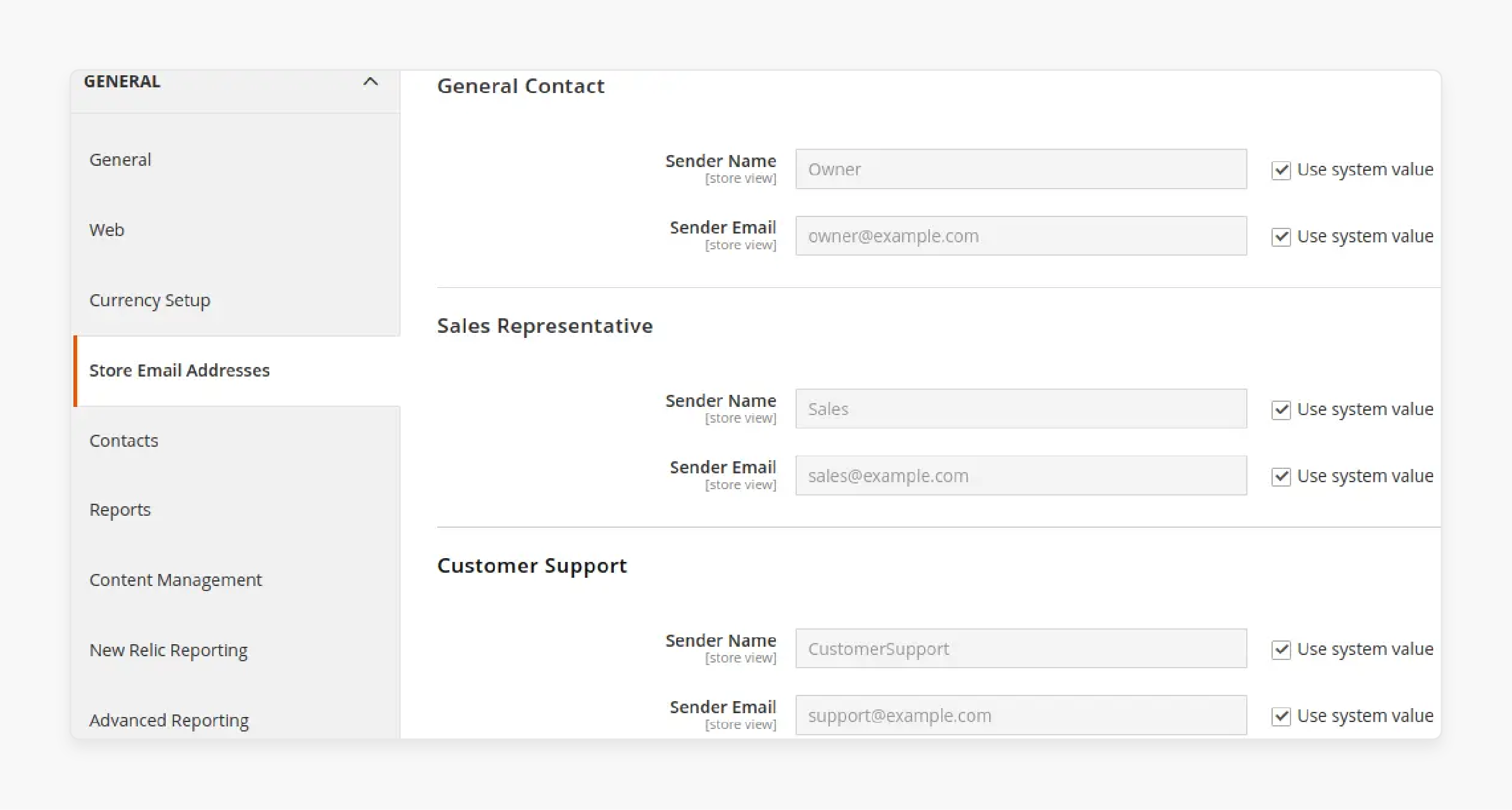 Configuring store email addresses in Magento 2 settings