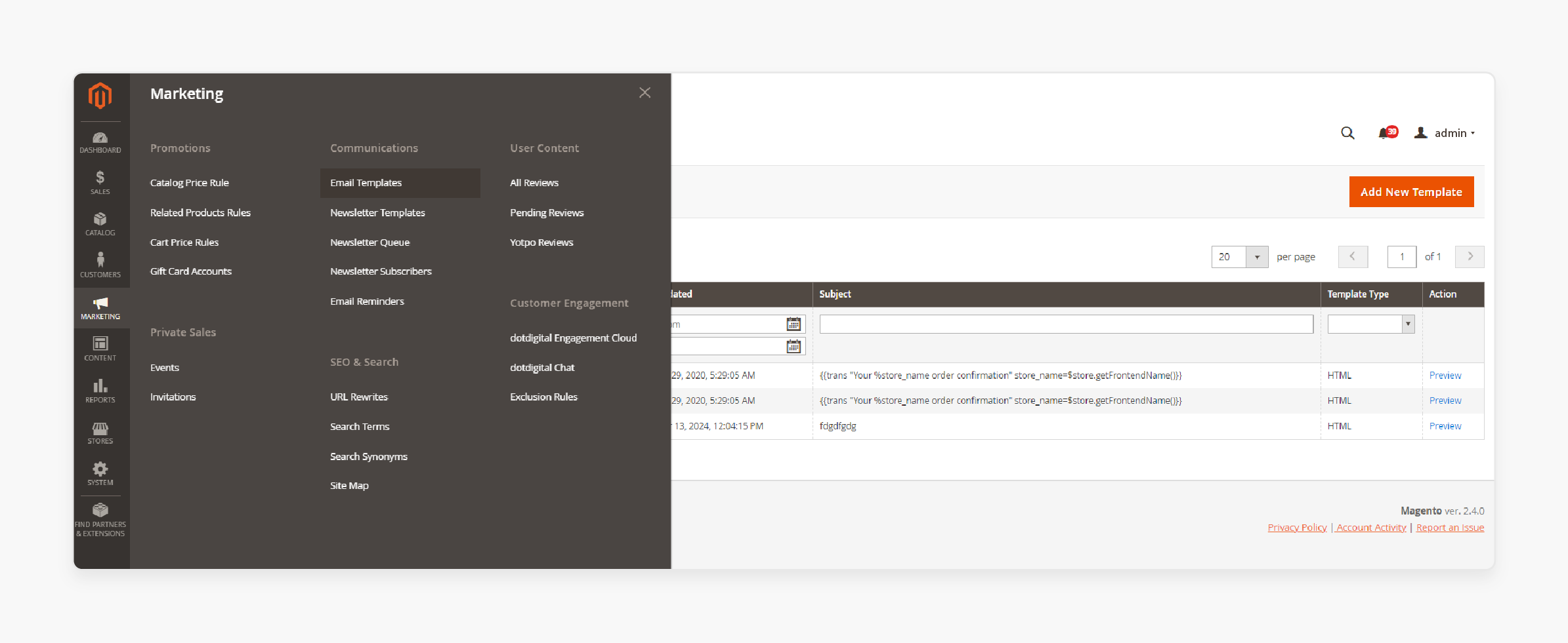 Steps to create a new email template using the default Magento dashboard settings