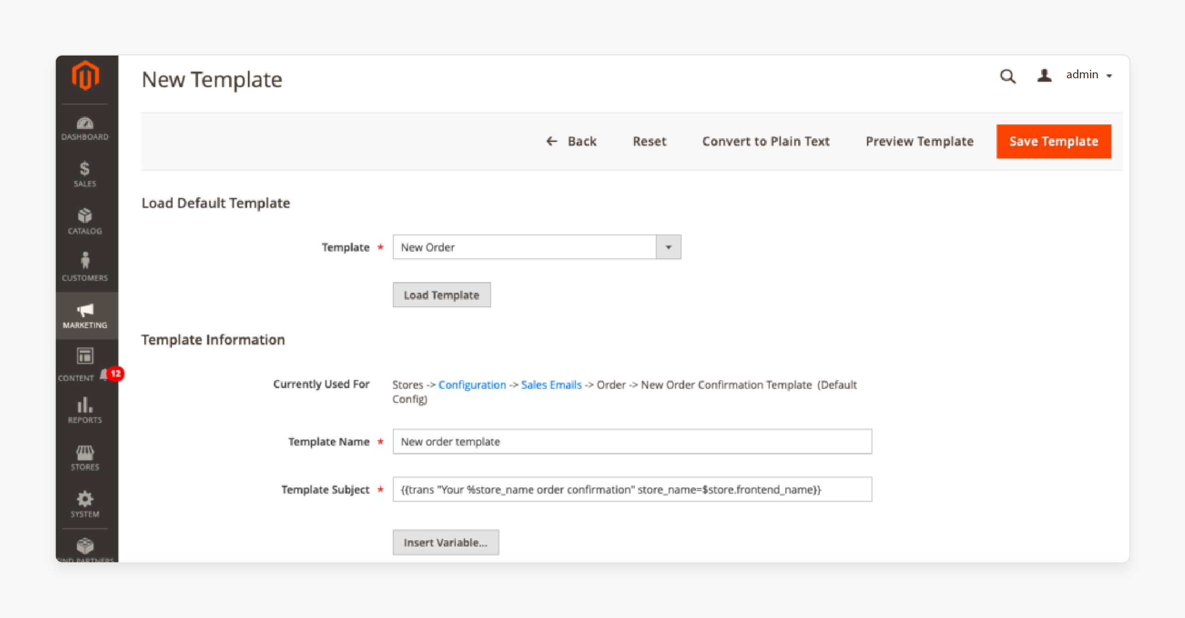 Configuration process of a new email template in Magento 2 using the default dashboard