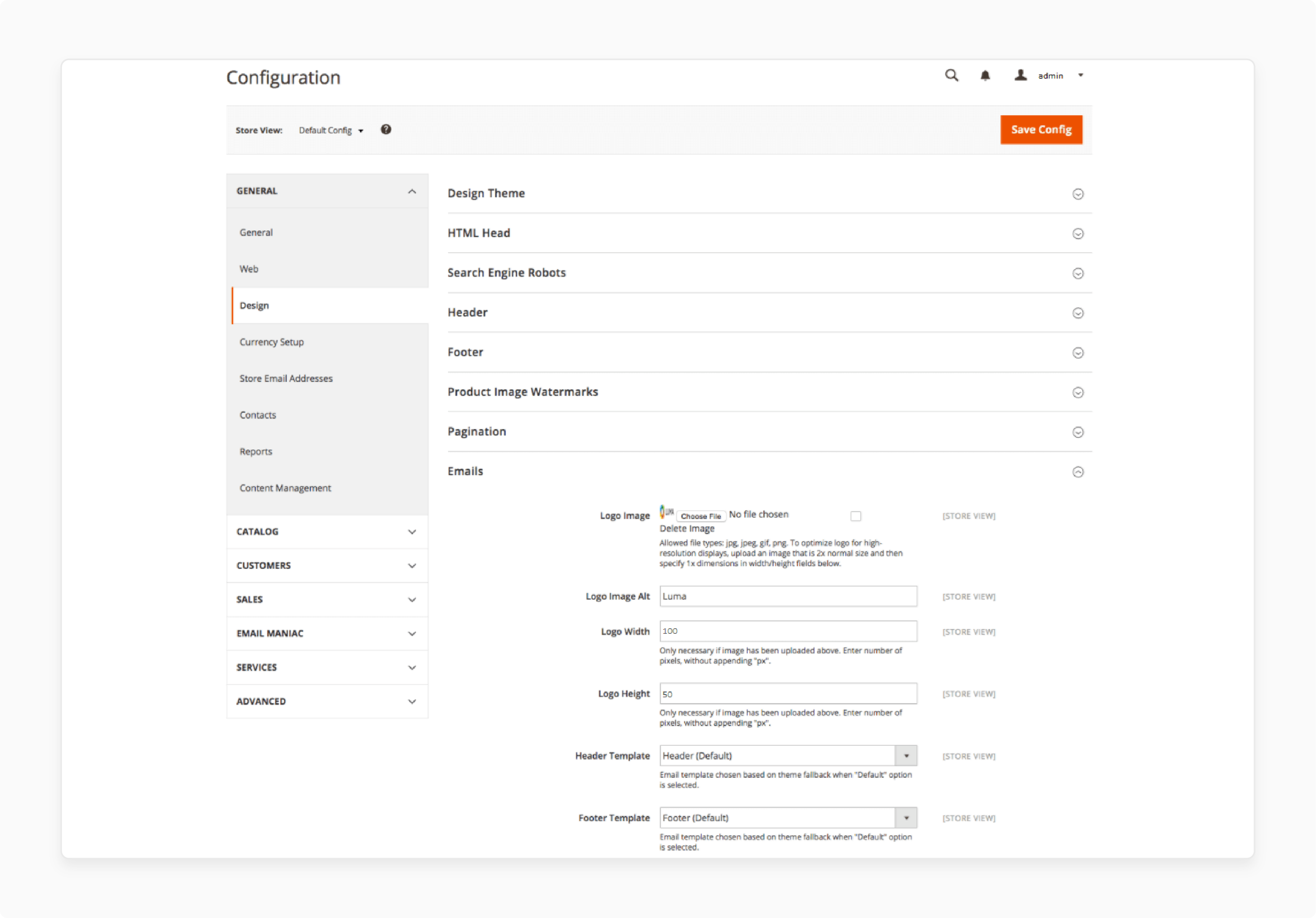 Configuring email template settings in Magento 2 admin panel