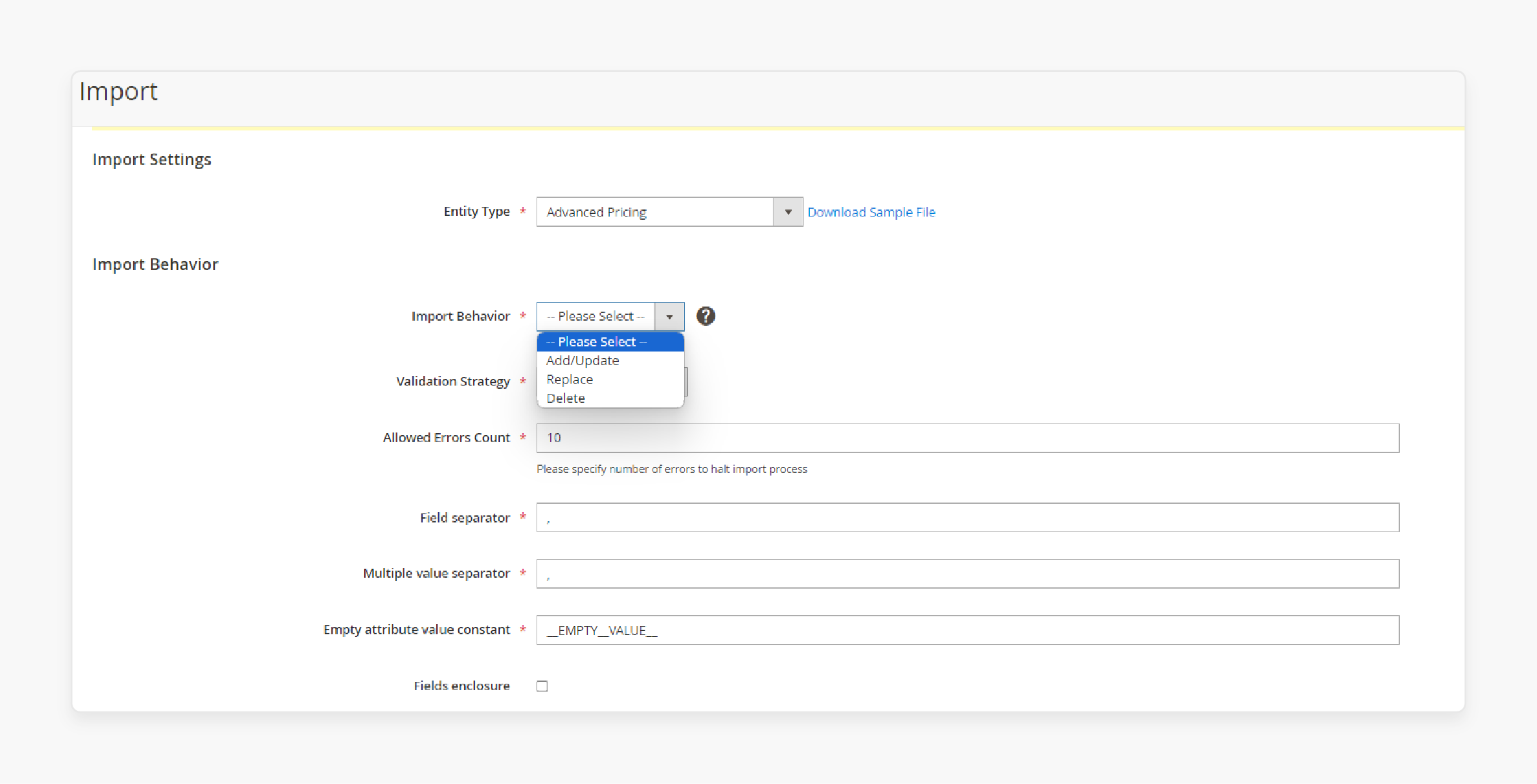 Configuring import behavior settings for advanced pricing in Magento 2