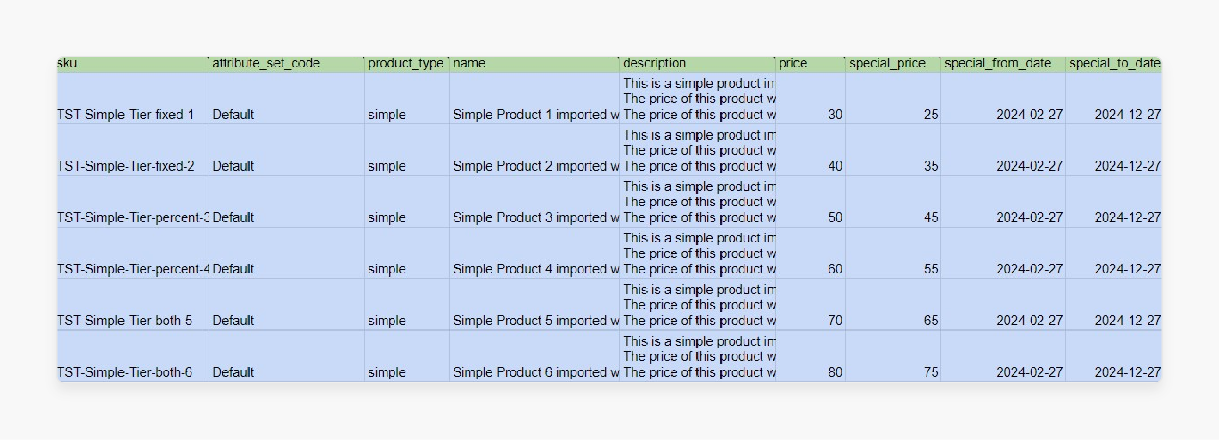 Special price product data import table for Magento 2