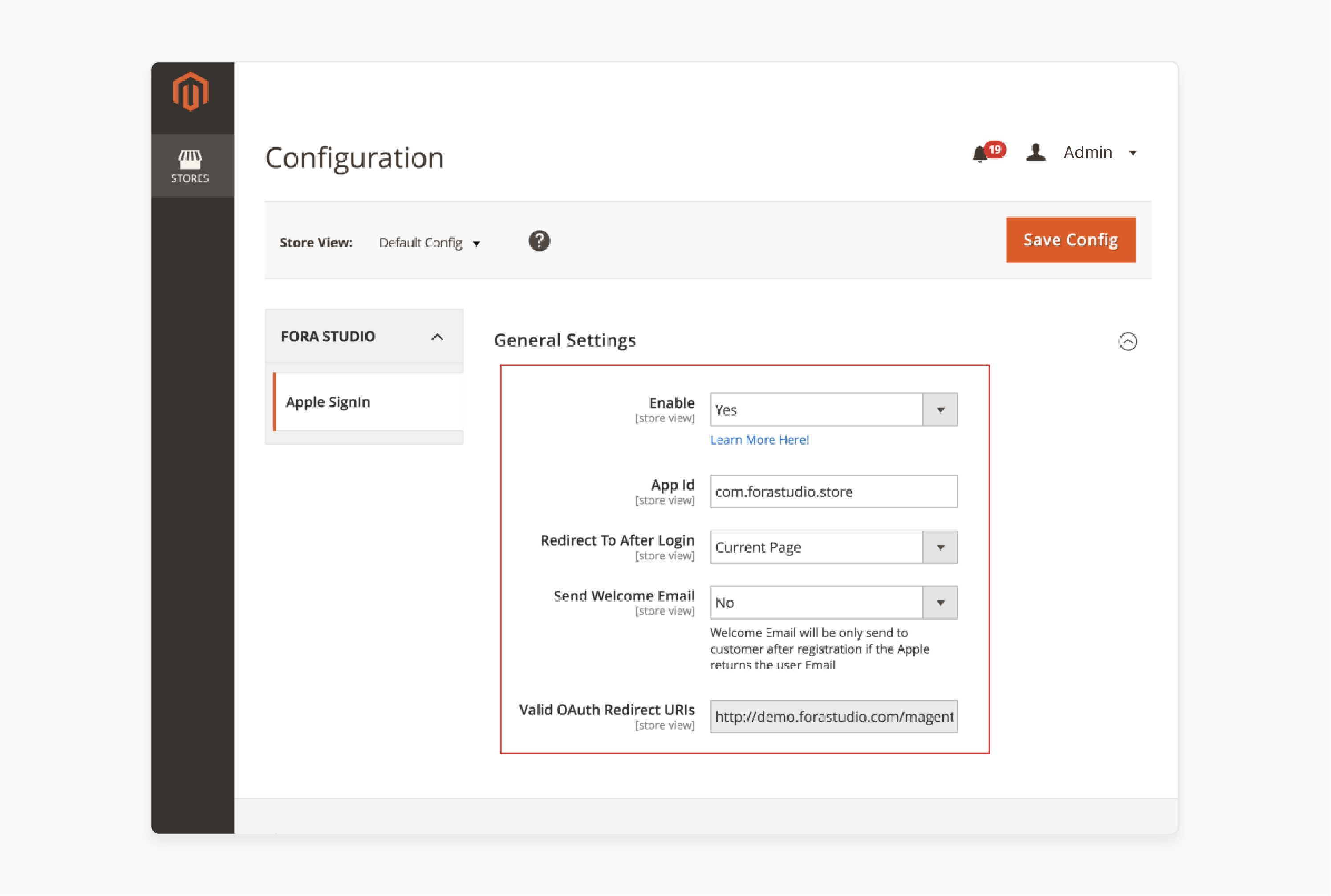 Fill required details in general settings for Magento 2 Apple login