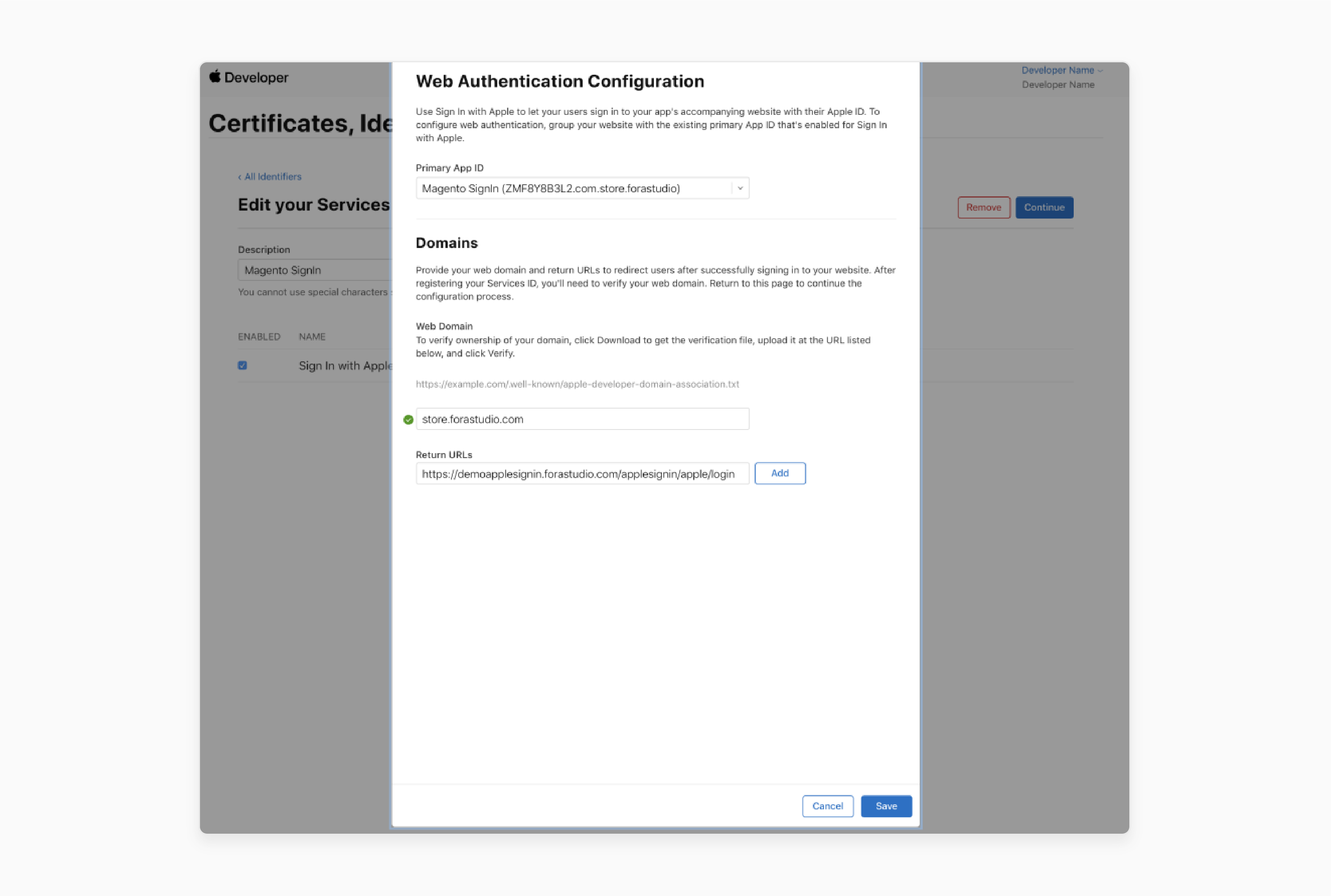 Define the domain and return URLs in the web authentication configuration for Magento Apple login