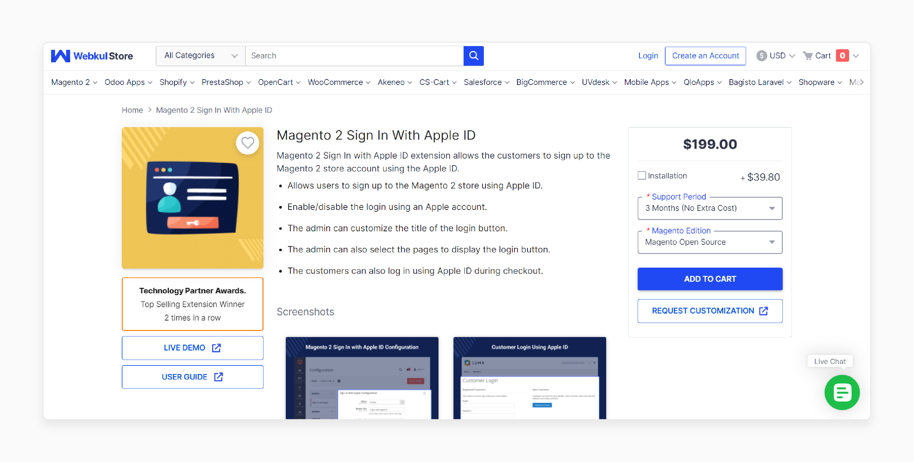 Webkul Magento 2 sign in with Apple ID extension highlighting key features and pricing