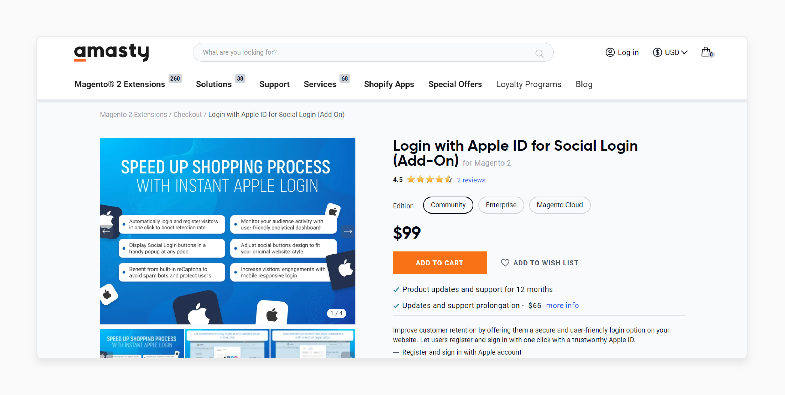 Amasty Login with Apple ID social login add-on for Magento 2 promoting user-friendly social login features