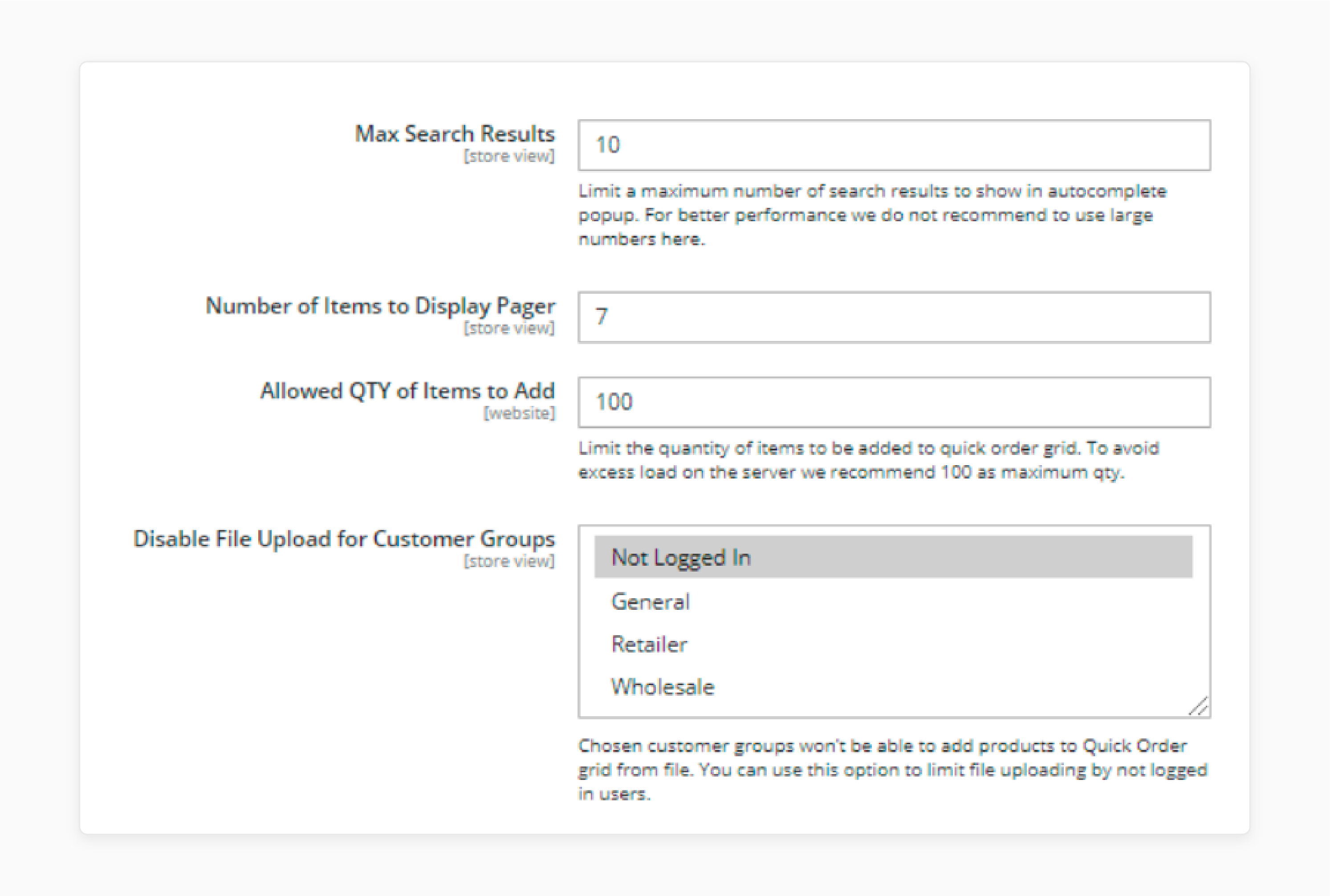 Configure search results in Magento 2 quick order extension