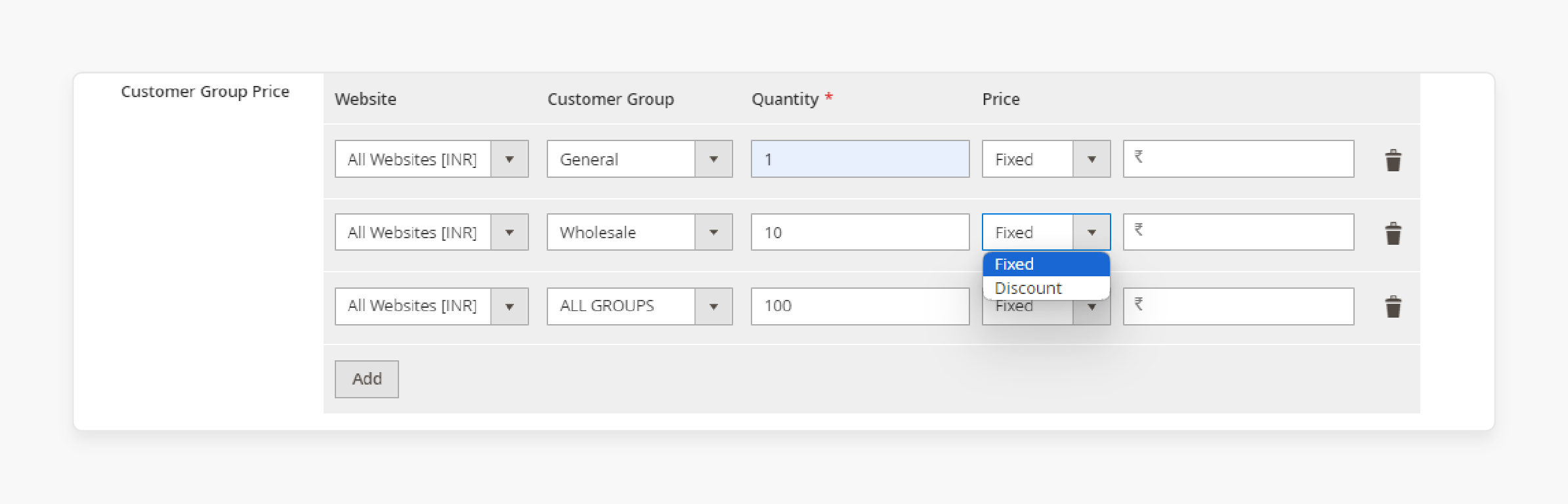 Magento admin panel showing product details and pricing