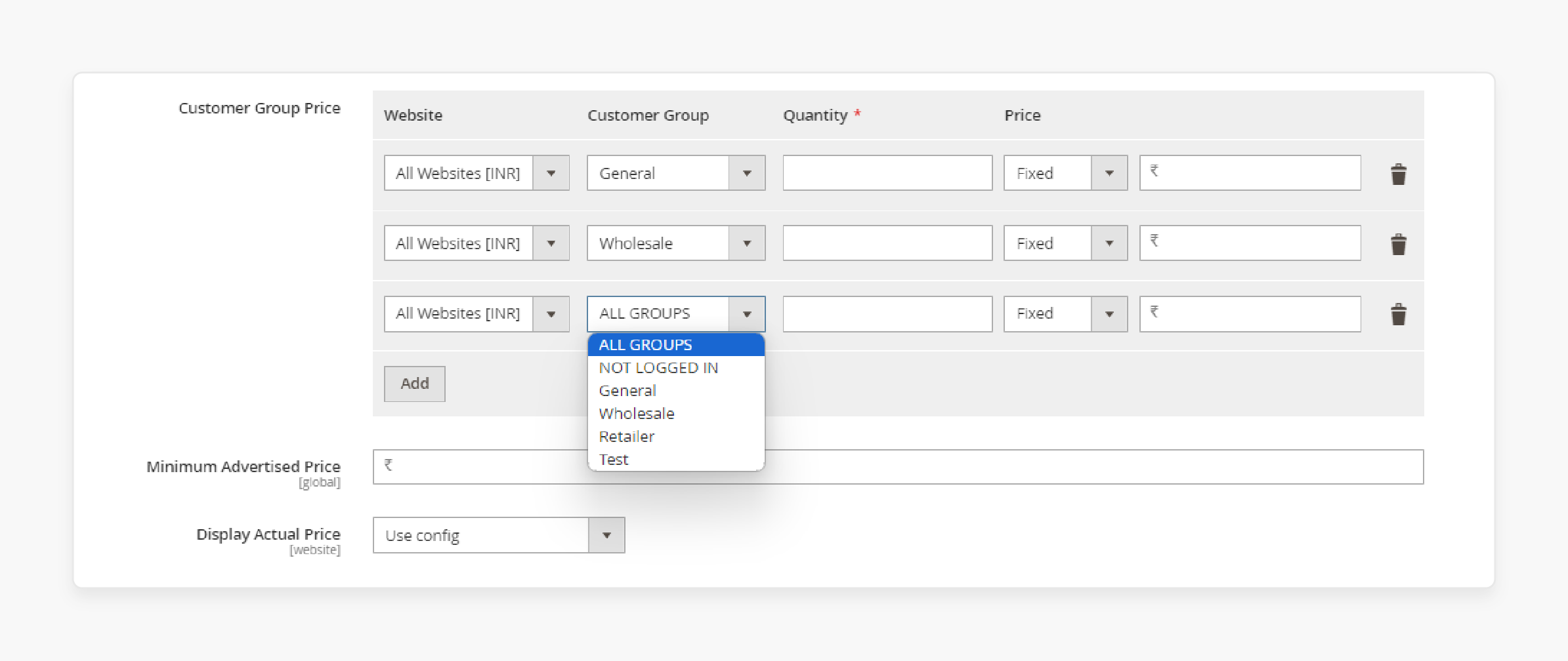 Magento customer group pricing interface