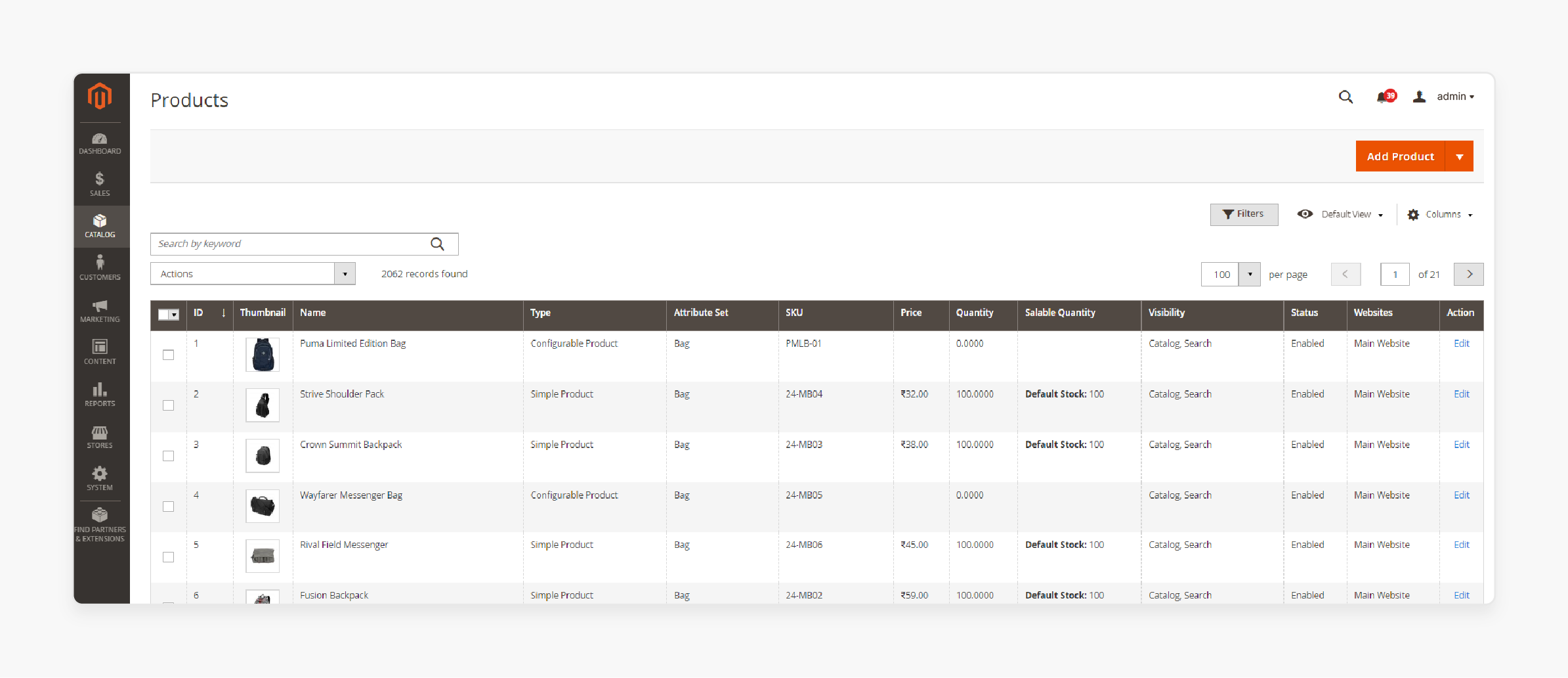 Magento admin panel showing catalog product options