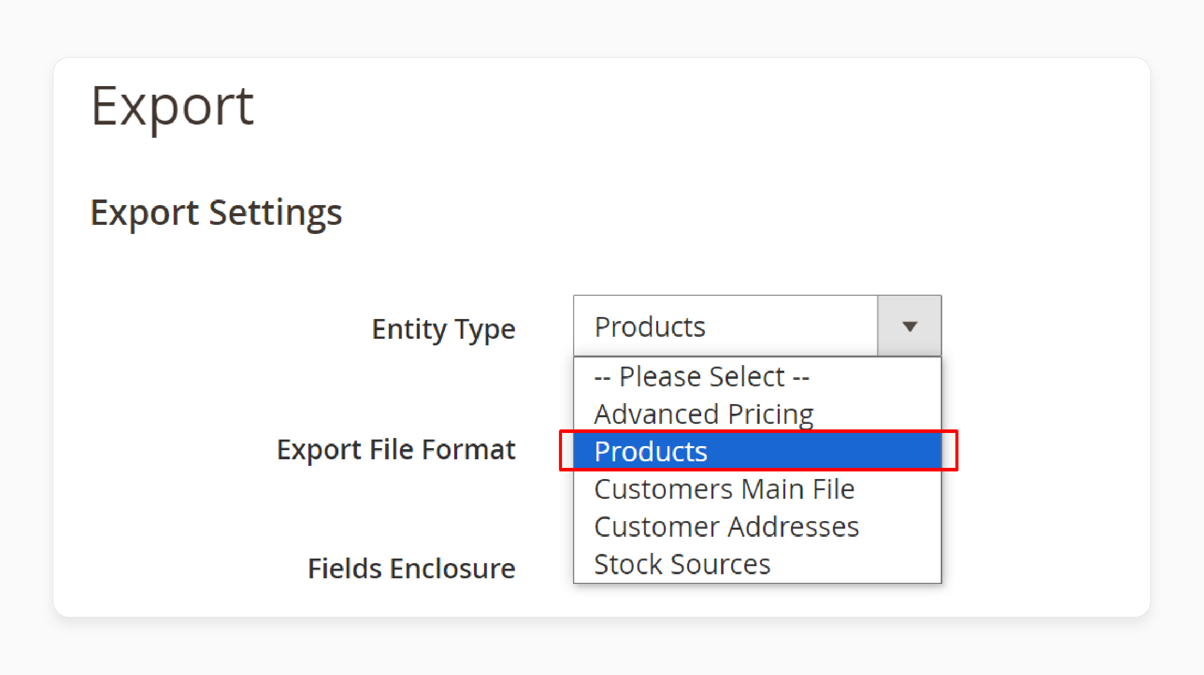 Selecting product attribute type in Magento Entity Type field