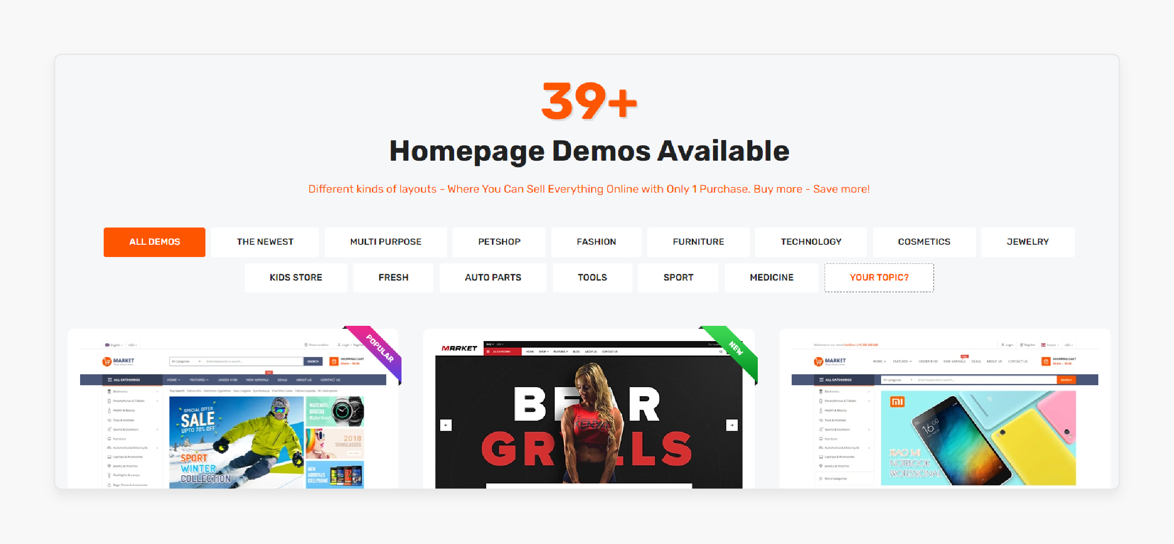 Over 39 pre-designed homepage demos available in SM Market Magento 2 Theme