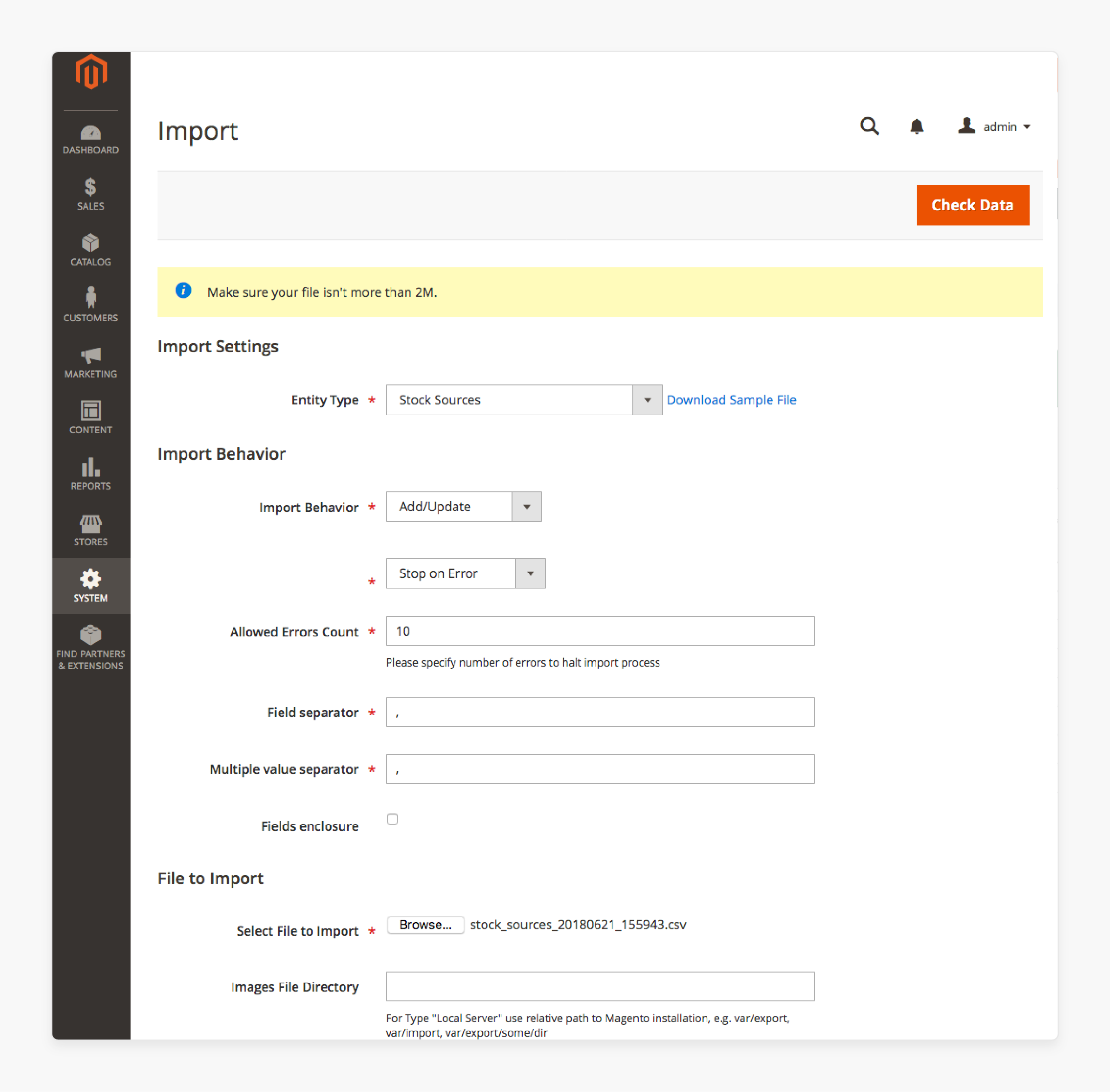 Magento 2 import settings for importing product data