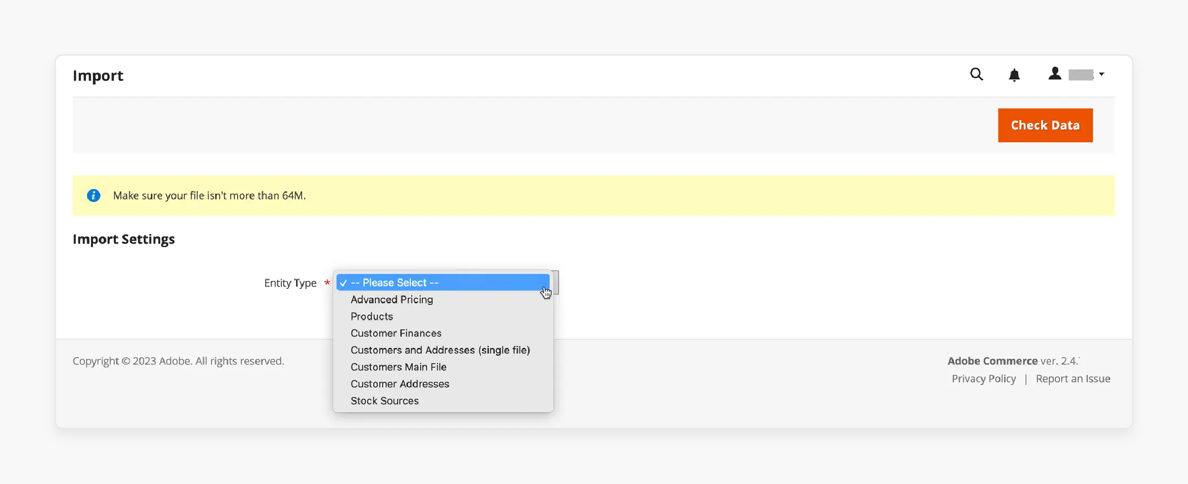 Magento 2 admin panel showing the prerequisites for importing products CSV file structure