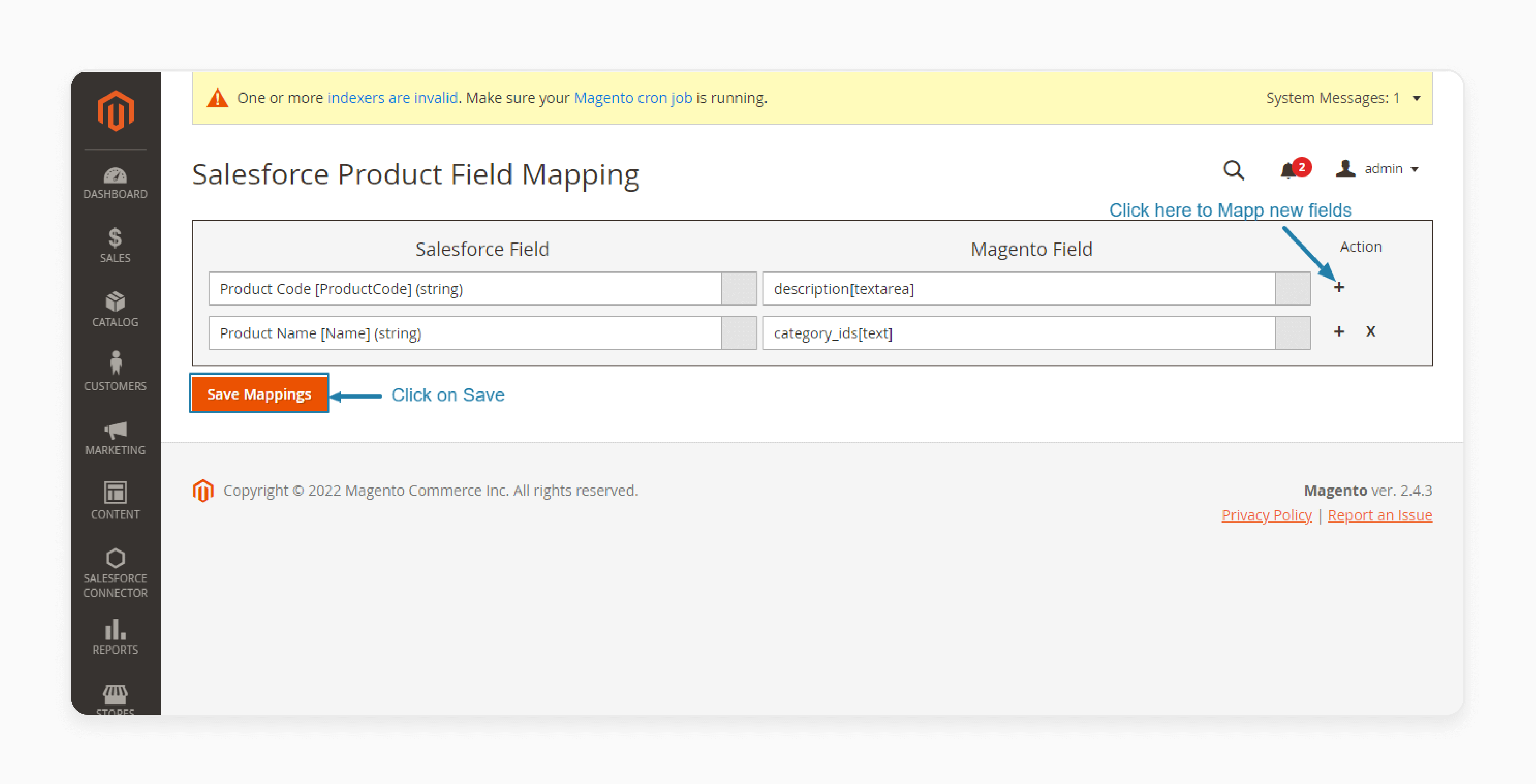 salesforce product field mapping Magento 2 admin