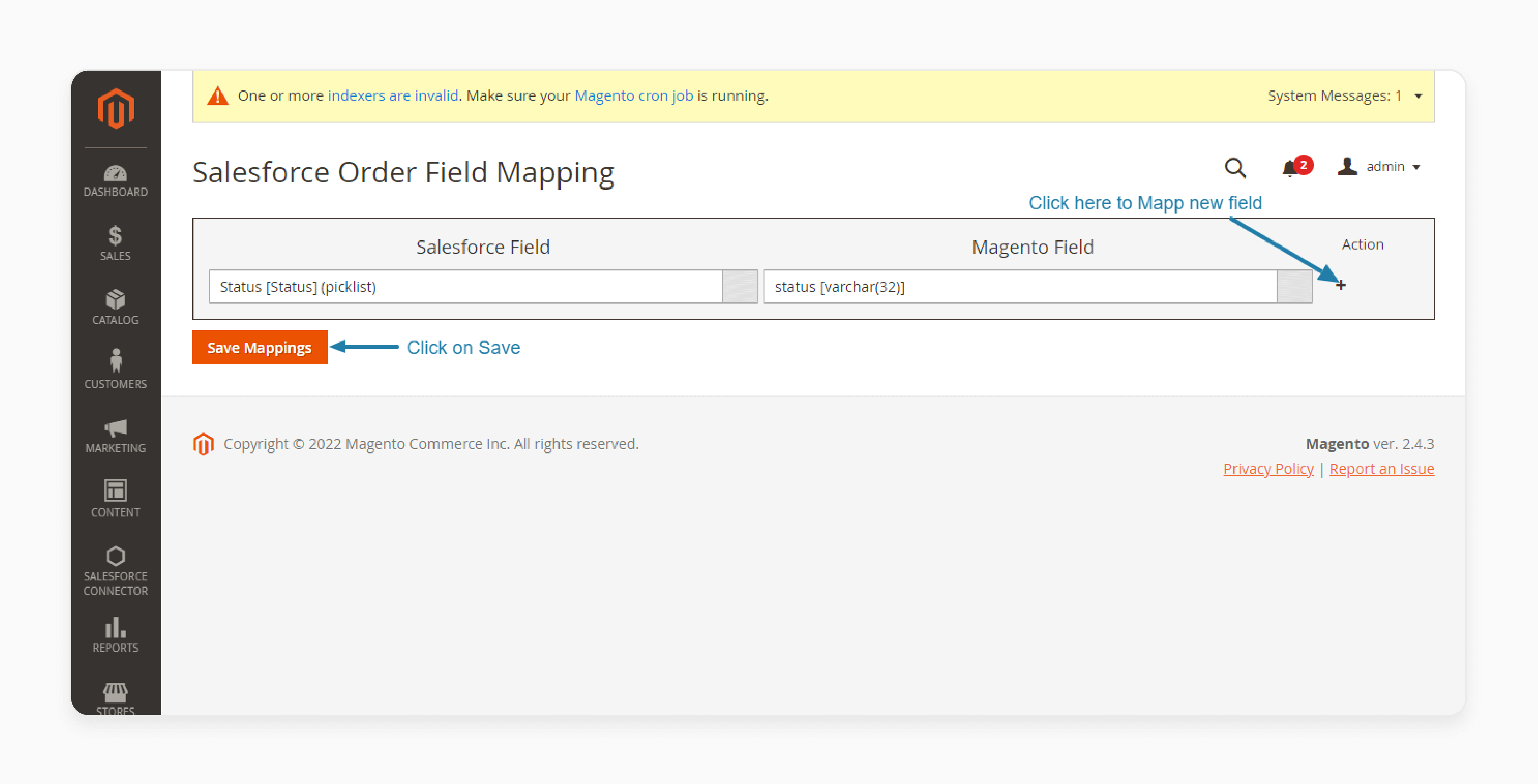 salesforce order field mapping Magento 2 admin