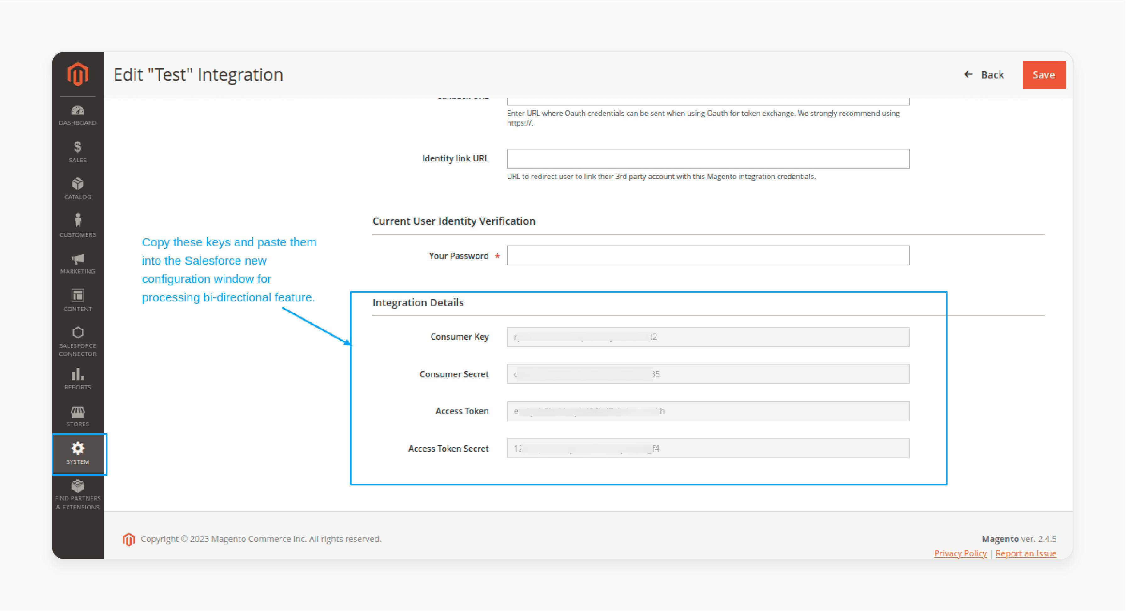 consumer key secret and access token secret from Magento 2 for bi-directional sync