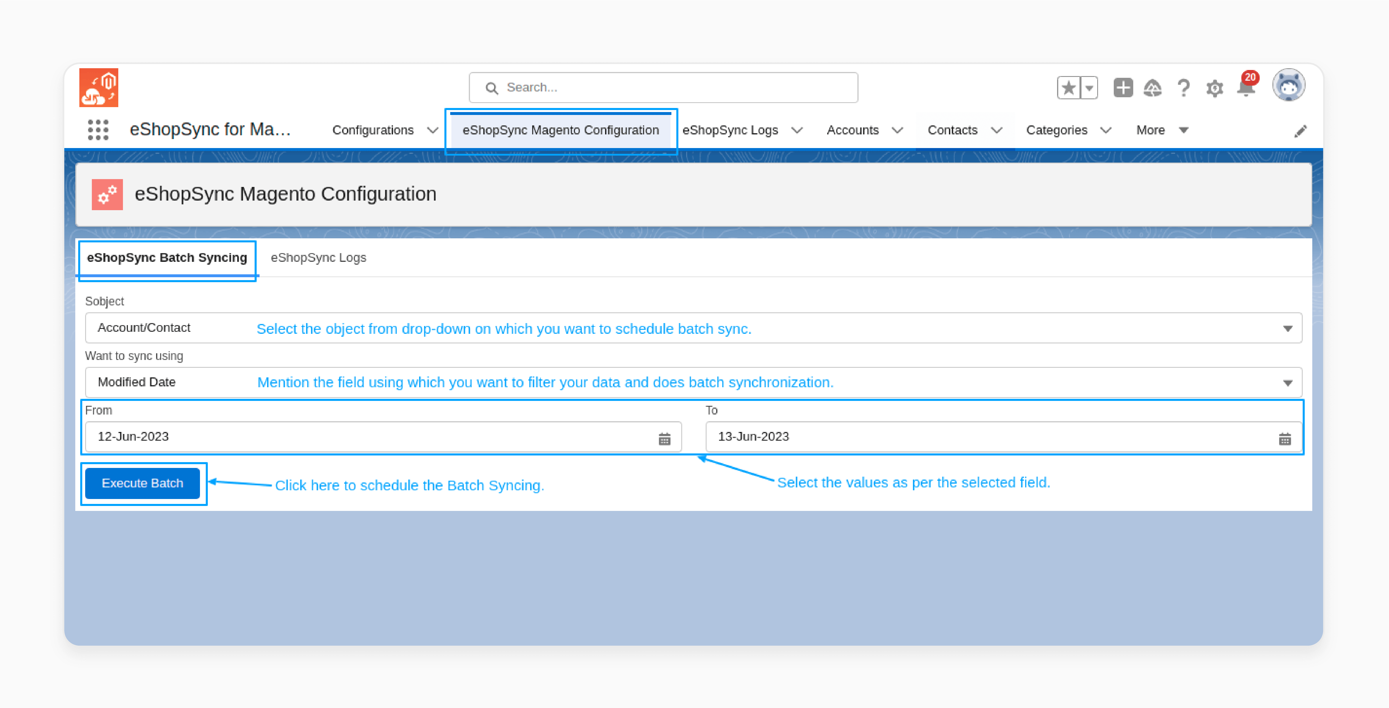 batch sync in bi-directional in eShopSync Magento configuration Salesforce