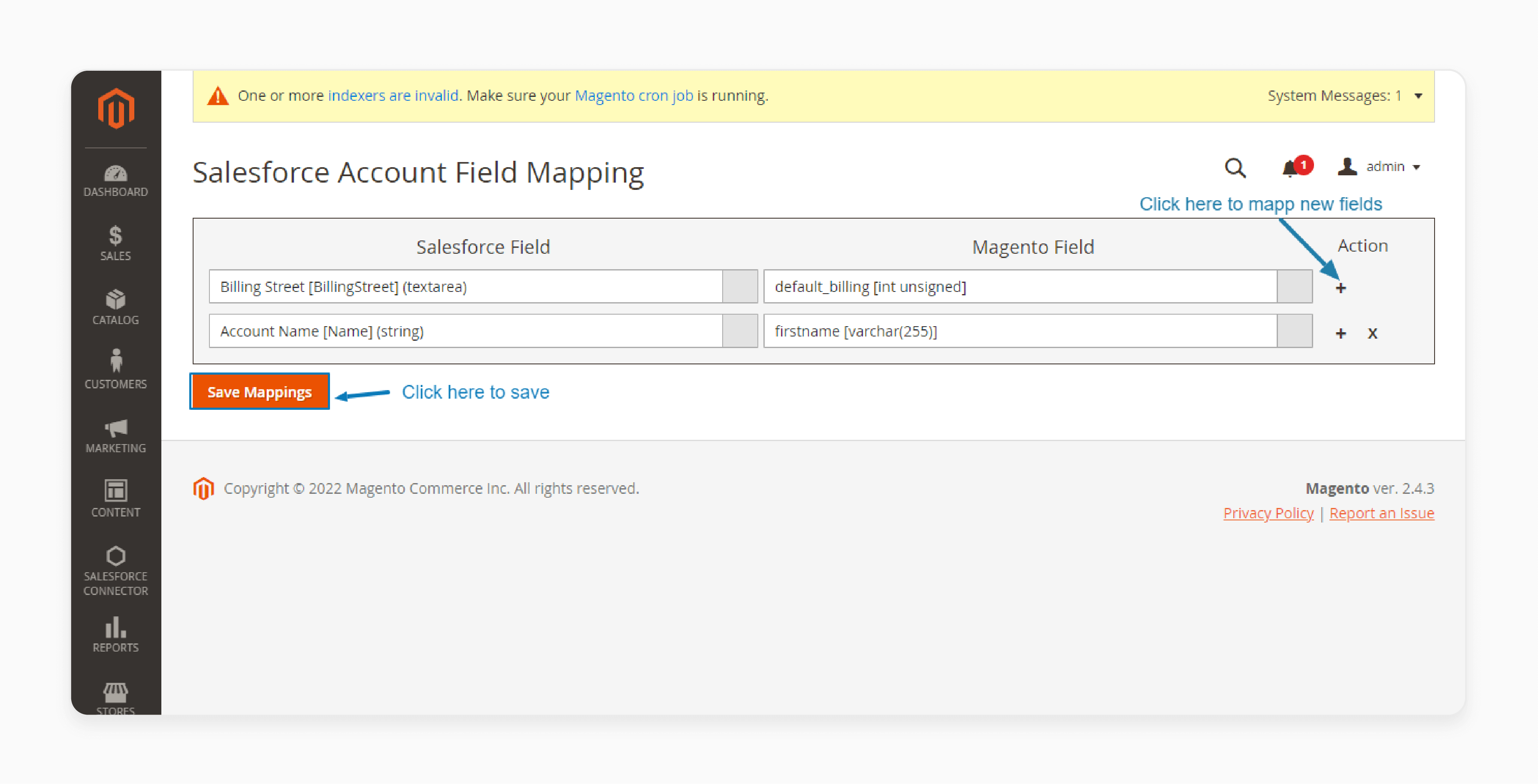 salesforce account field mapping Magento 2 admin