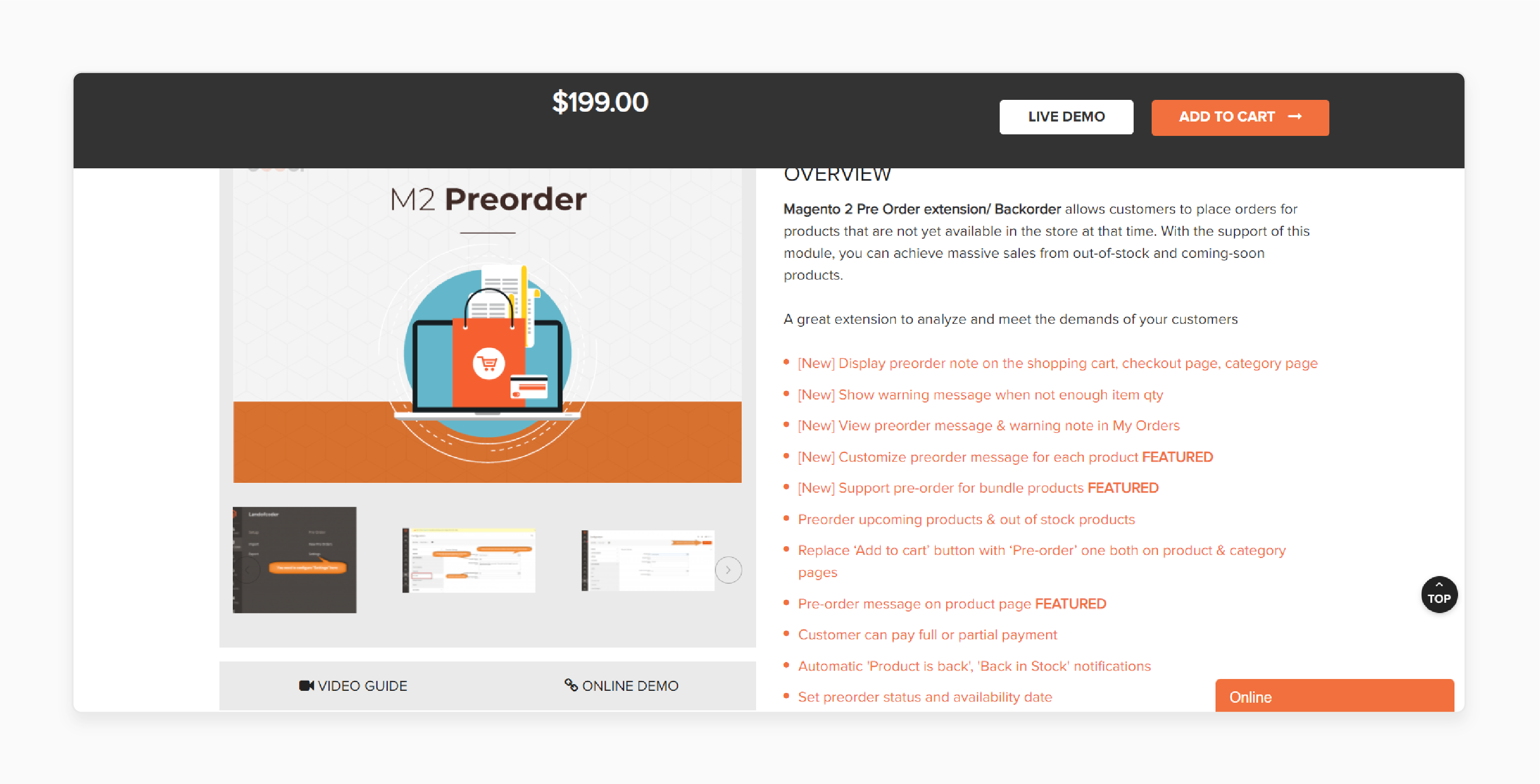 Magento 2 pre-order extension by LandOfCoder showcasing key features