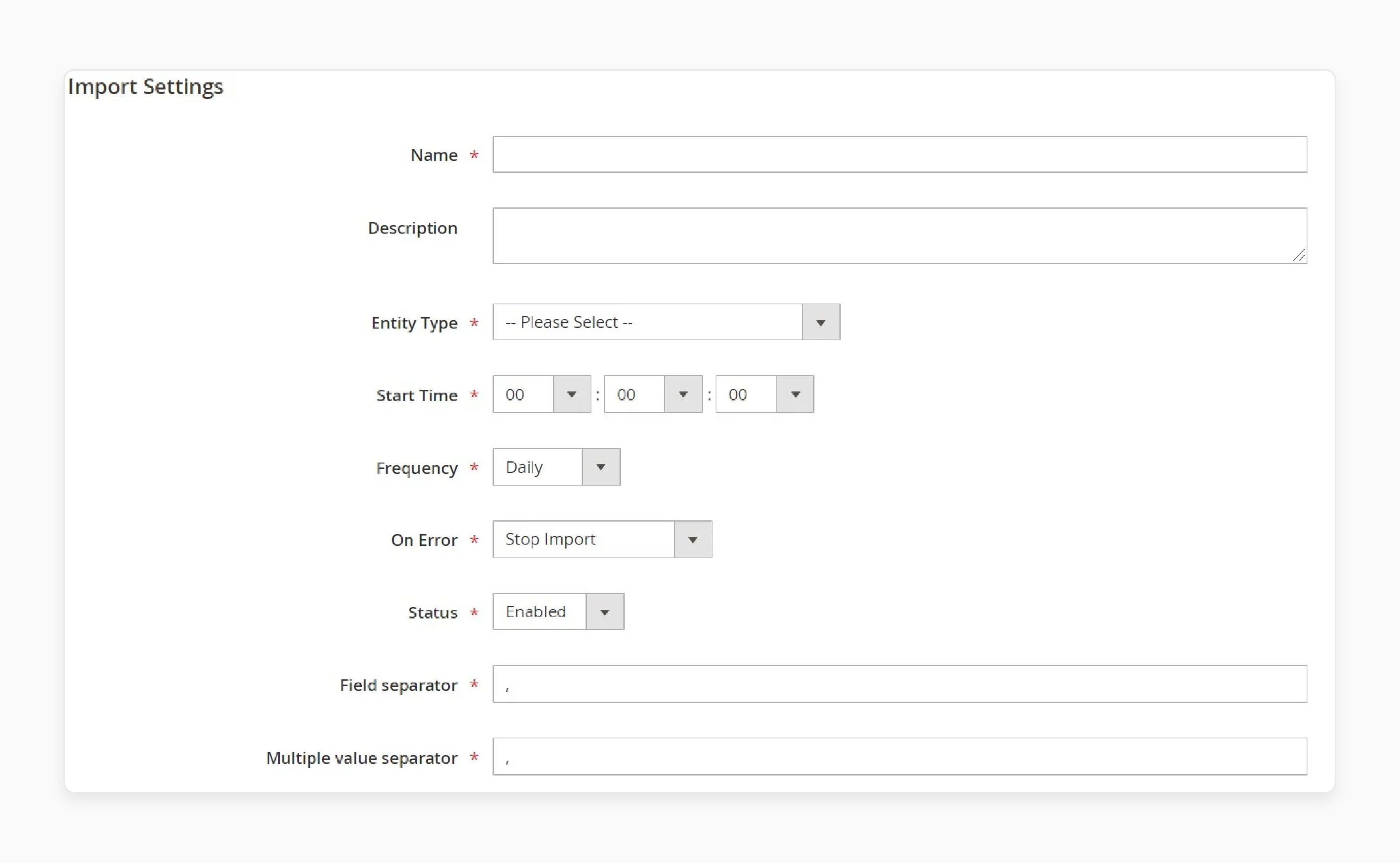 Click Add Scheduled Import and specify the following parameters