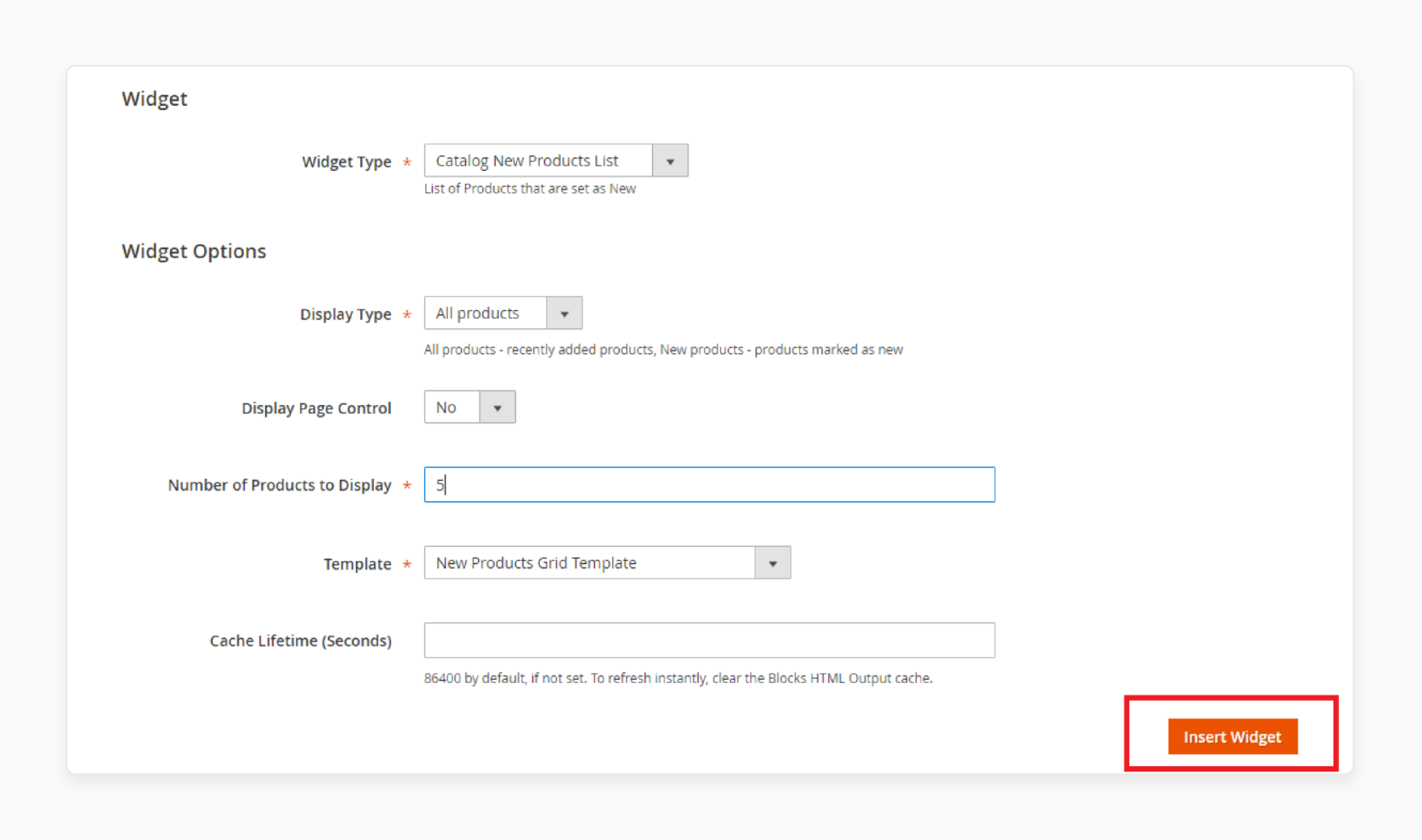 configuring the Catalog New Products List widget in Magento 2 with product display options